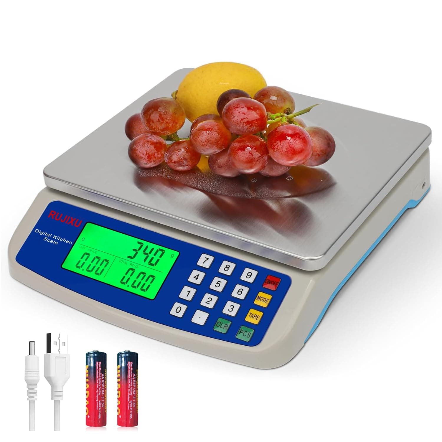 30kg/1g Electronic Kitchen Scale Stainless Steel Digital Food Scale Counting Balance with LCD Display Batteries Included and 6V poweradapter