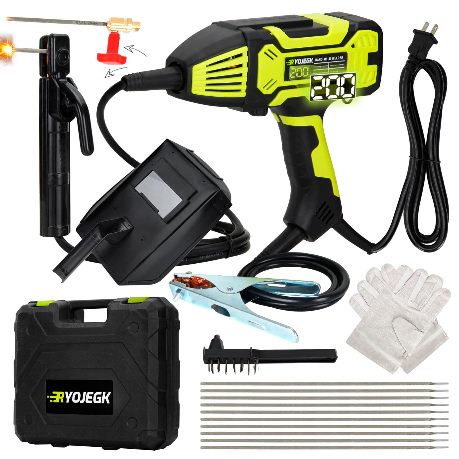 Portable Handheld Welder, Welder Machine 110V Hand Held Welder Gun 20-200A, 10 PCS Rods Portable Welding Machine, 1/16"-1/8" Stick Welder, 2-in-1 MMA IGBT Inverter ARC Welder with Digital Display