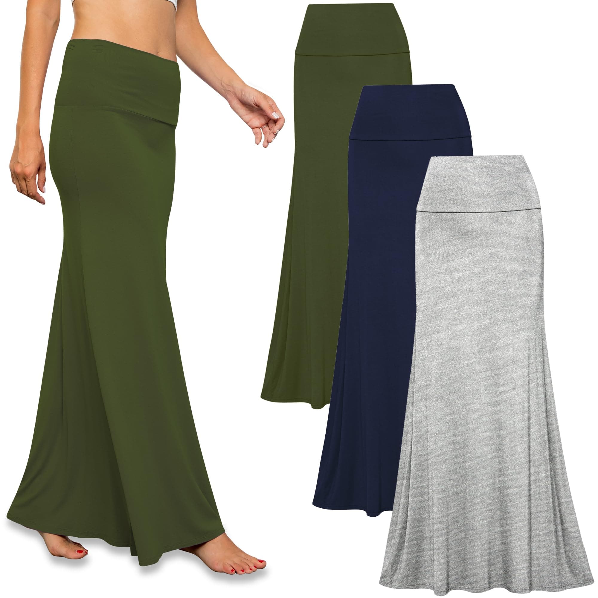 Free to Live 3 Pack Long Skirts for Women Fall Stretchy Flowy Maxi Skirt Dressy Casual for Work, Soft Fold Over High Waisted