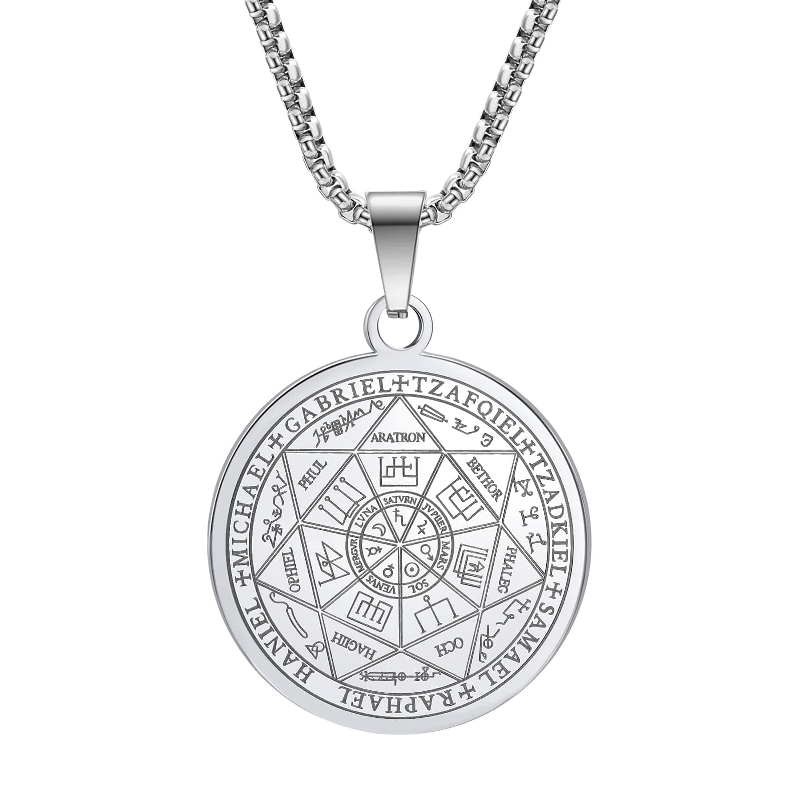 Seven Archangels Pendant Necklace for Men Women, 316L Stainless Steel Seal of the Seven Archangels Protection Amulet, Religious Talisman Medallion with 24" Chain