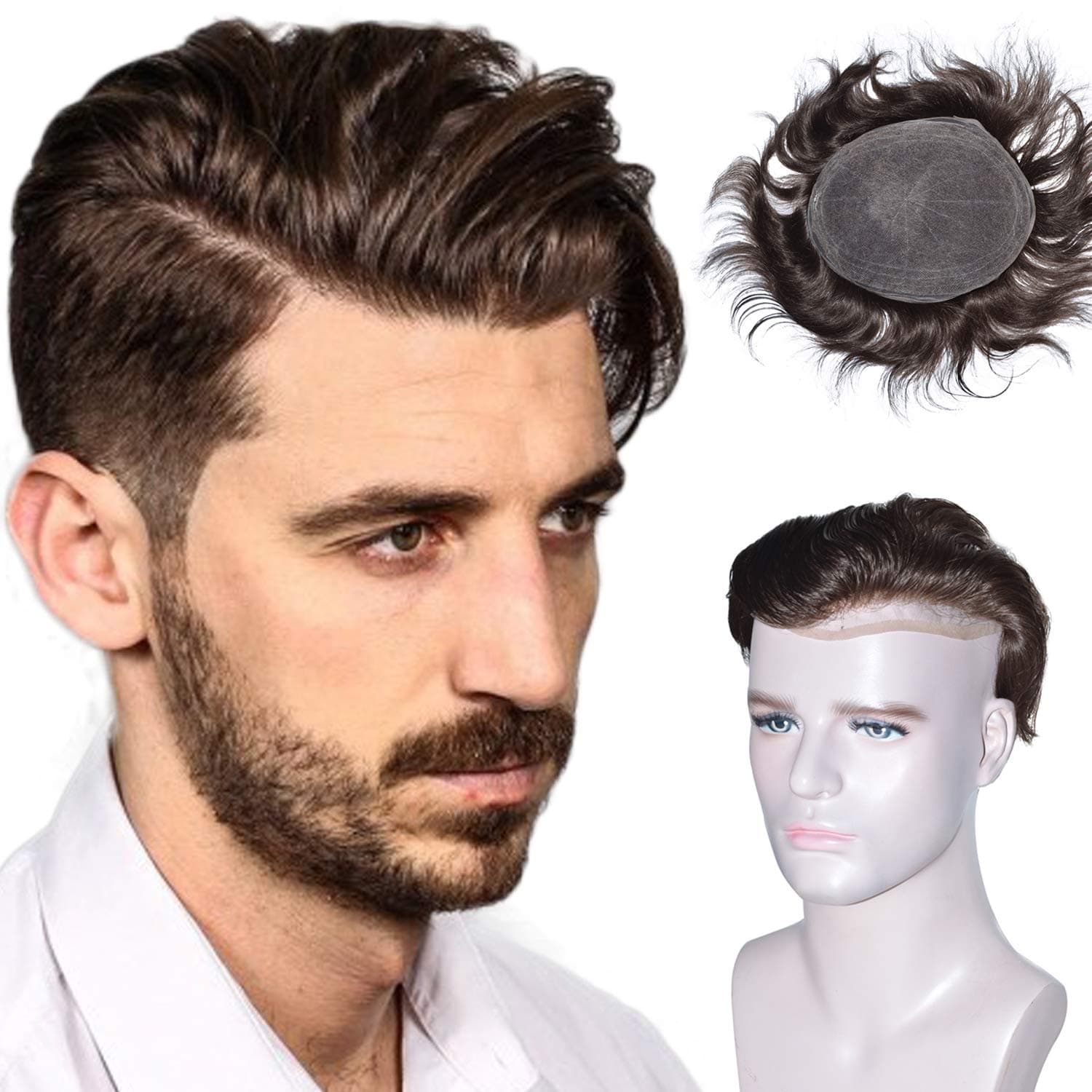 Full French Lace Human Hair Toupee for Men Soft Wigs, LLWear European Virgin Human Hair Mens Hair Pieces Replacement System with 7"X9" Cap Base Brown(#3 Color)