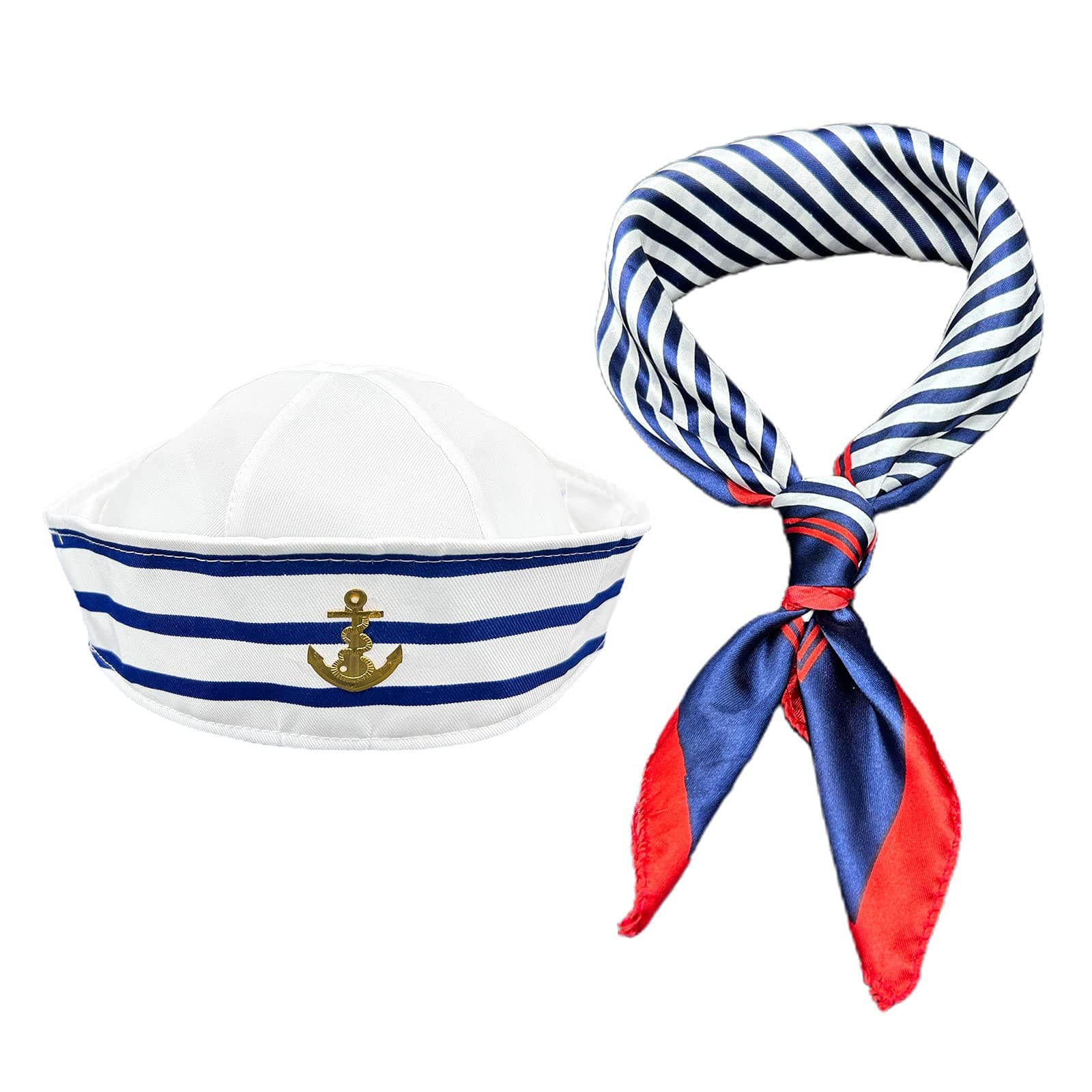 Stripes Sailor Hat and Scarf Set，Blue and White Striped Sailor Captains Hat＆Red Edge Blue Bar Square Scarf，Navy Outfit Dressing Up Party for Women Men Costume Accessory