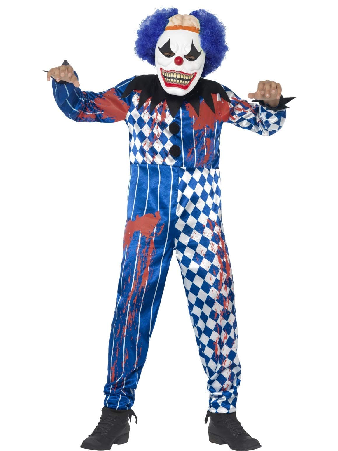 Smiffys Deluxe Sinister Clown Costume, Blue with Jumpsuit, EVA Mask, Attached Brain & Hair, Halloween Child Fancy Dress, Clown Dress Up Costumes