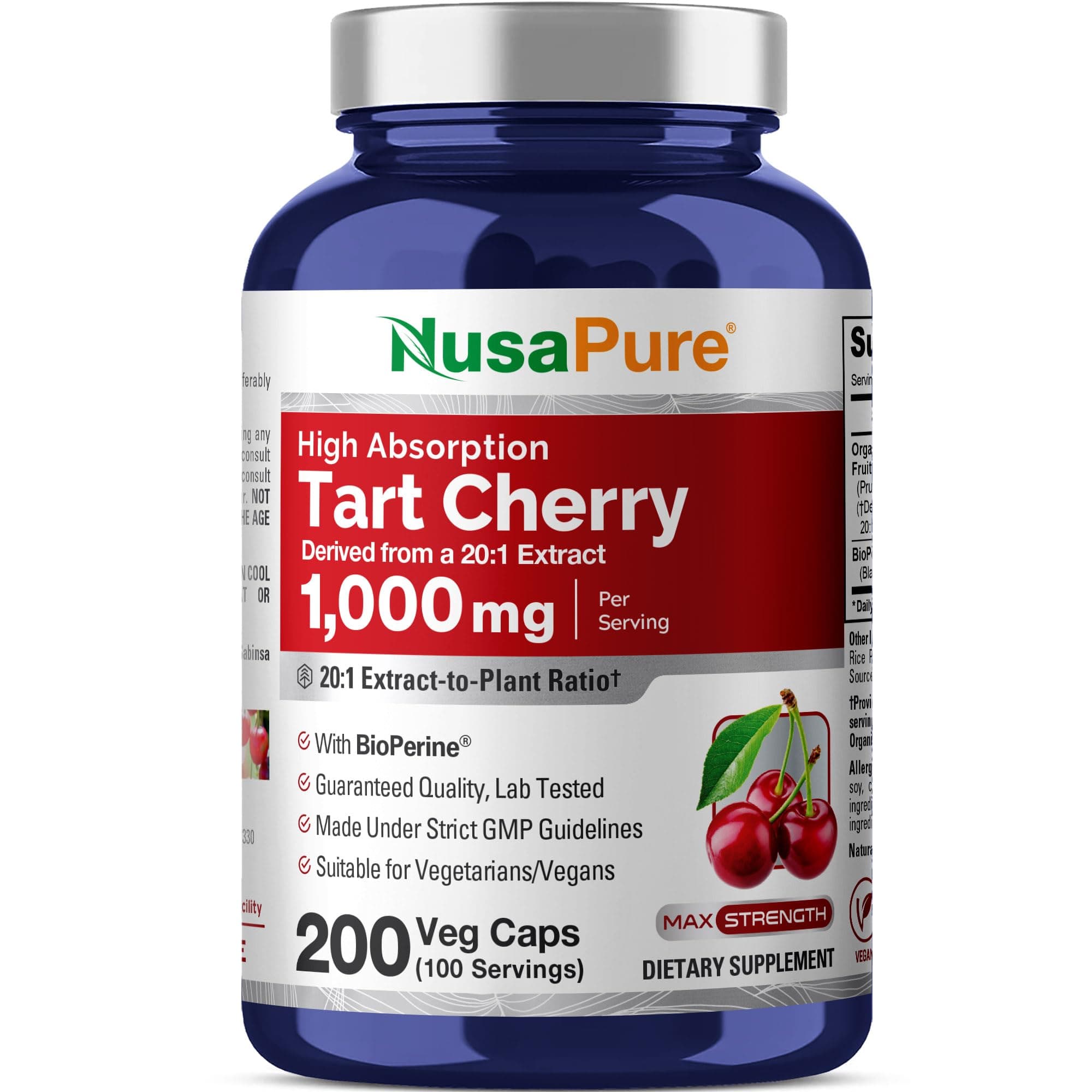 NusaPure Tart Cherry 20,000mg - 200 Veggie Caps (Vegan, Non-GMO, Gluten-Free) Bioperine, Organic Tart Cherry Fruit