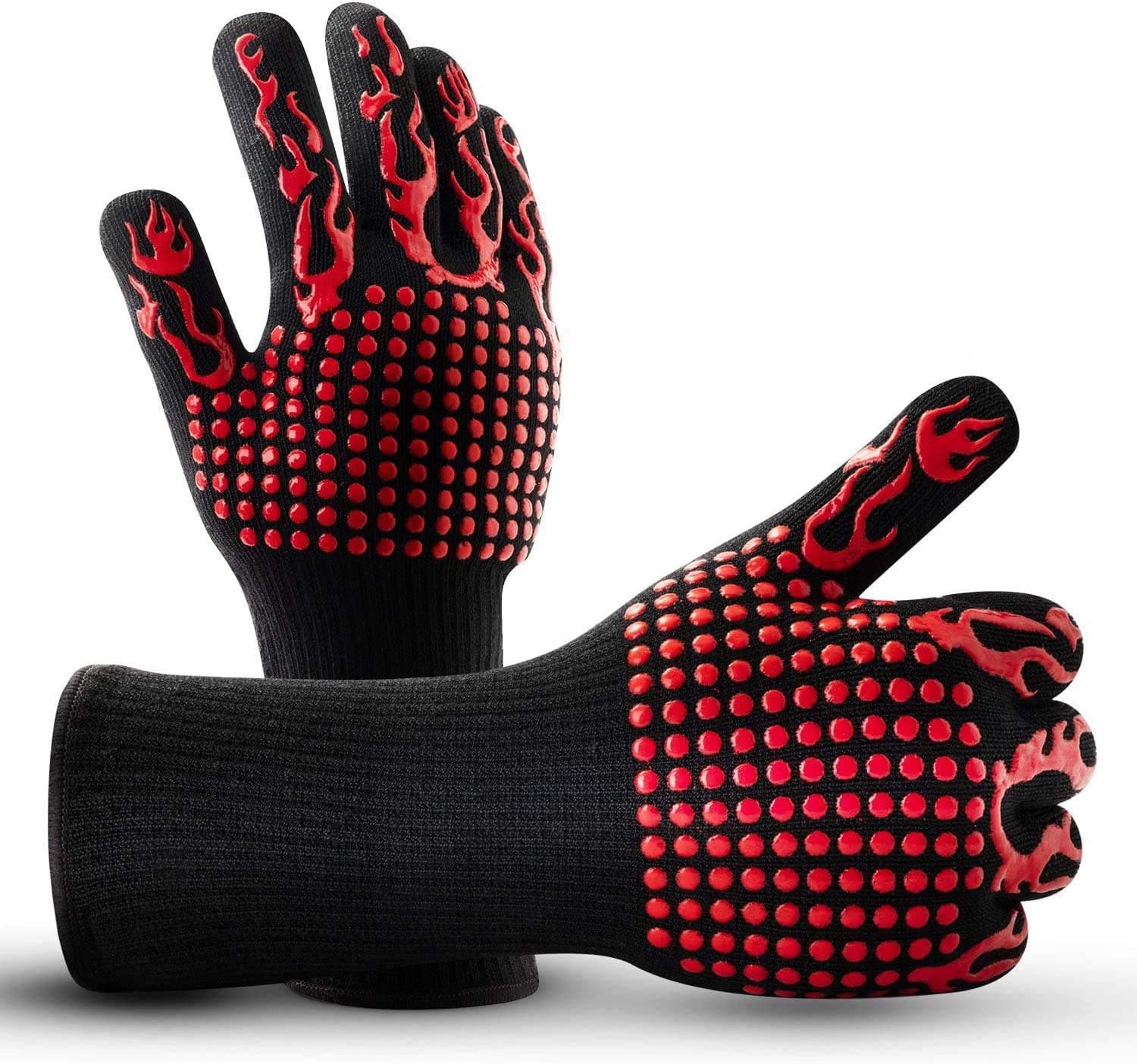 BBQ Gloves, Oven Gloves 1472℉ High Temperature Resistant Protective Gloves Food Grade Kitchen Grill Gloves, Silicone Non-Slip Cooking Gloves for Barbecue, Cooking, Baking, Welding, Cutting (Red)