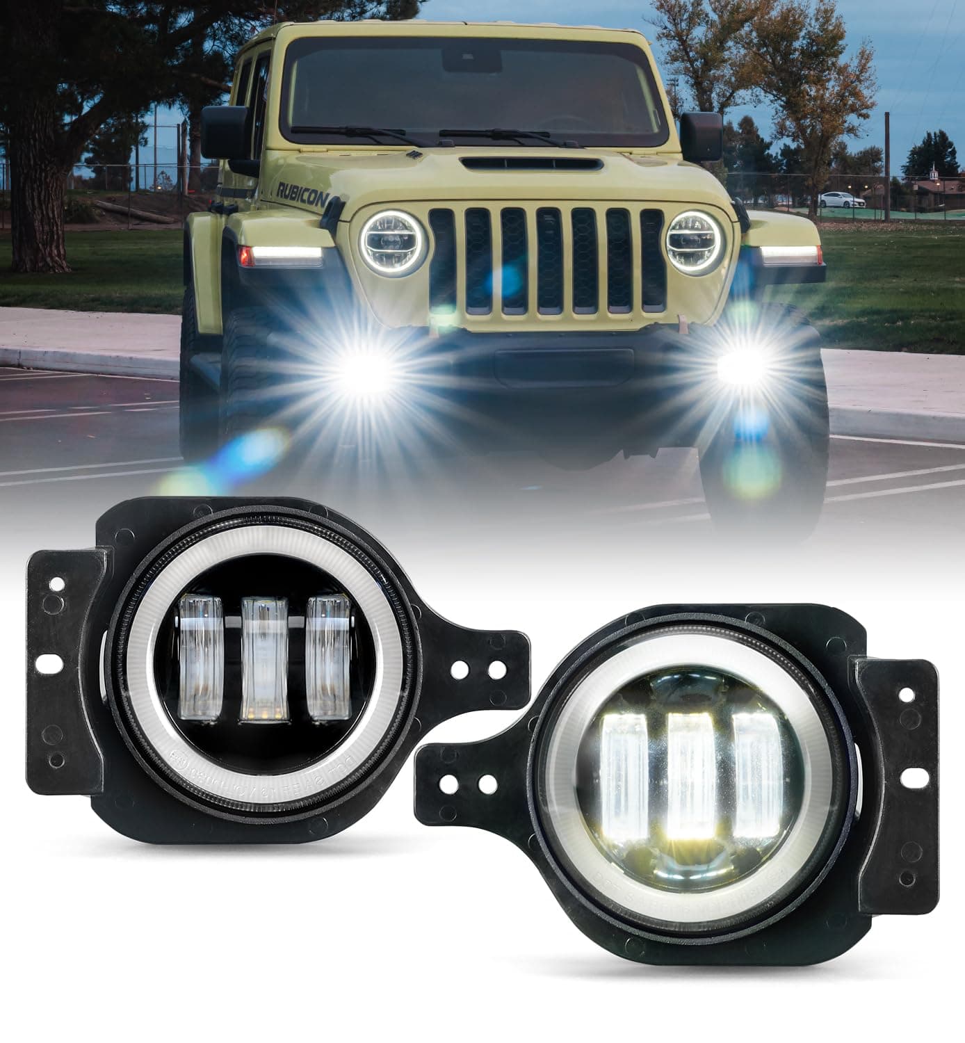 Xprite 4 Inch Fog Lights with DRL Compatible with 2018+ Jeep Wrangler JL JLU Sport Rubicon Sahara &2020+ Gladiator JT, 60W LED Front Bumper Foglights w/2 Pairs Mounting Bracket, Plug&Play, DOT(White)