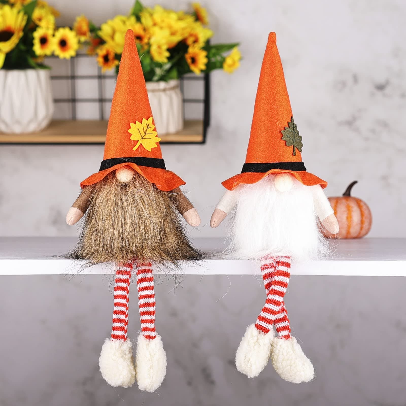 Fall Gnomes - Indoor Fall Thanksgiving Decorations for Home - Small Plush Gnomes with Legs Set of 2
