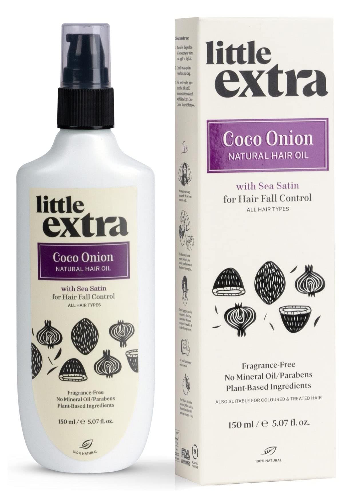 little extra Coco Onion Natural Hair Oil For Hair Fall Control, Growth & Strong Hair, Vegan With Coconut & Onion Oil, No Mineral Oil & Paraben, 150 Ml, Pack of 1