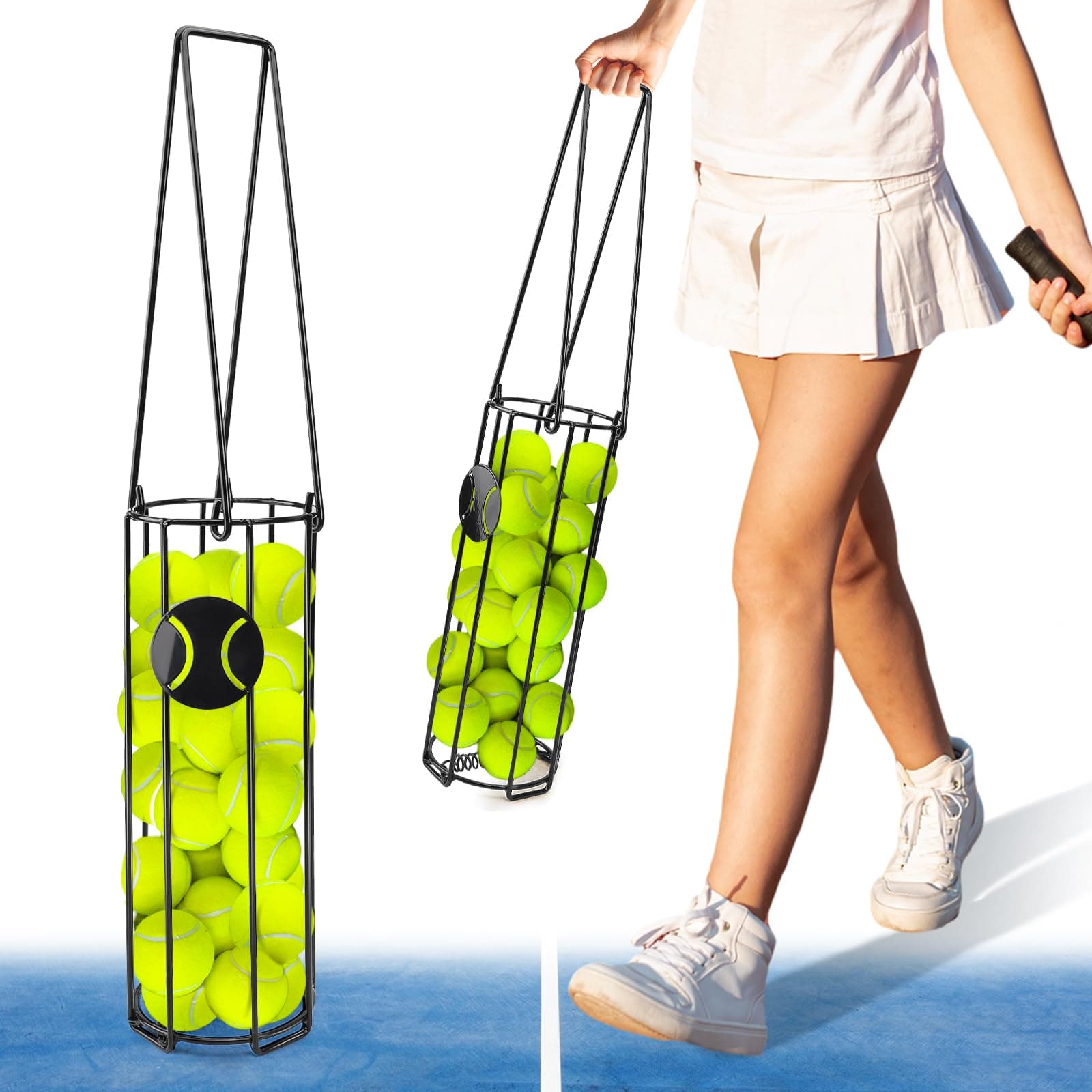 Cylindrical Tennis Ball Hopper Collector Pickleball Balls Retriever Basket Tennis Ball Picker Upper for Easy Picking and Storage Metal Container Holds 24 Tennis Balls Training Caddy