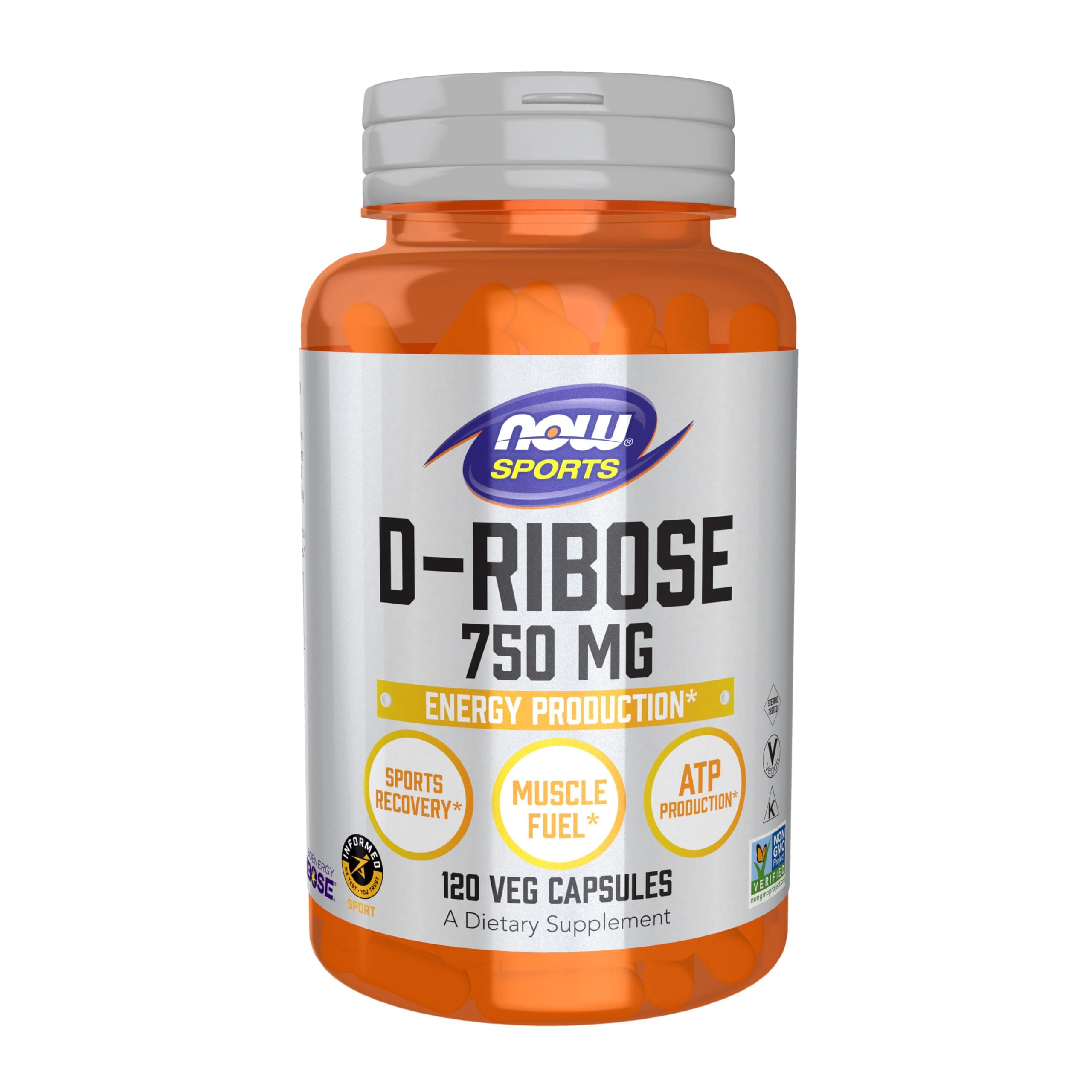NOW Sports Nutrition, D-Ribose 750 mg, Certified Non-GMO, Energy Production*, 120 Veg Capsules