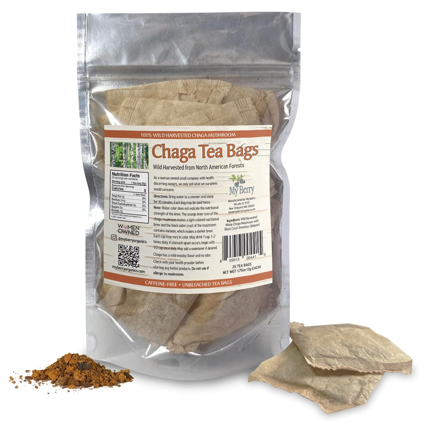 Chaga Tea Bags by My Berry | 100% Canadian Wild-Harvested | 100% Additive-Free Caffeine-Free Herbal Tea | 25 Bleach-Free Bags