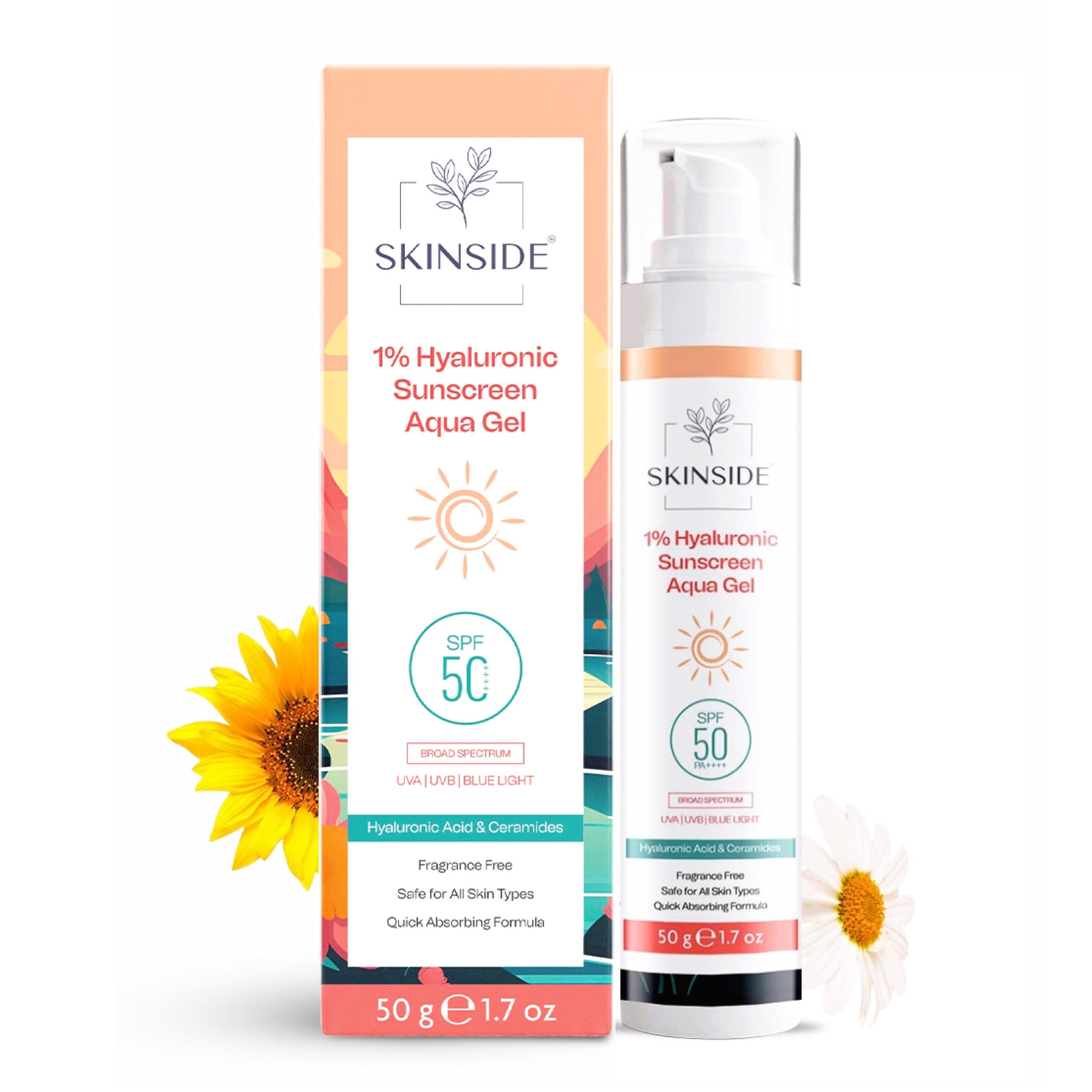 SkinSide 1% Hyaluronic Sunscreen Aqua Gel Ultra Light SPF 50 PA++++ | UVA UVB & Blue Light Protection | Zero White Cast | For All Skin Types | For Men & Women (50g)