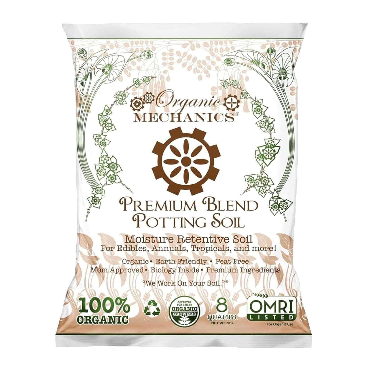 Organic Mechanics Premium Blend Potting Soil, 8 qt - Moisture-Retentive, Peat-Free, Compost - Enriched Mix with Worm Castings & Perlite for Houseplants, Annuals, Veggies & Tropical Plants
