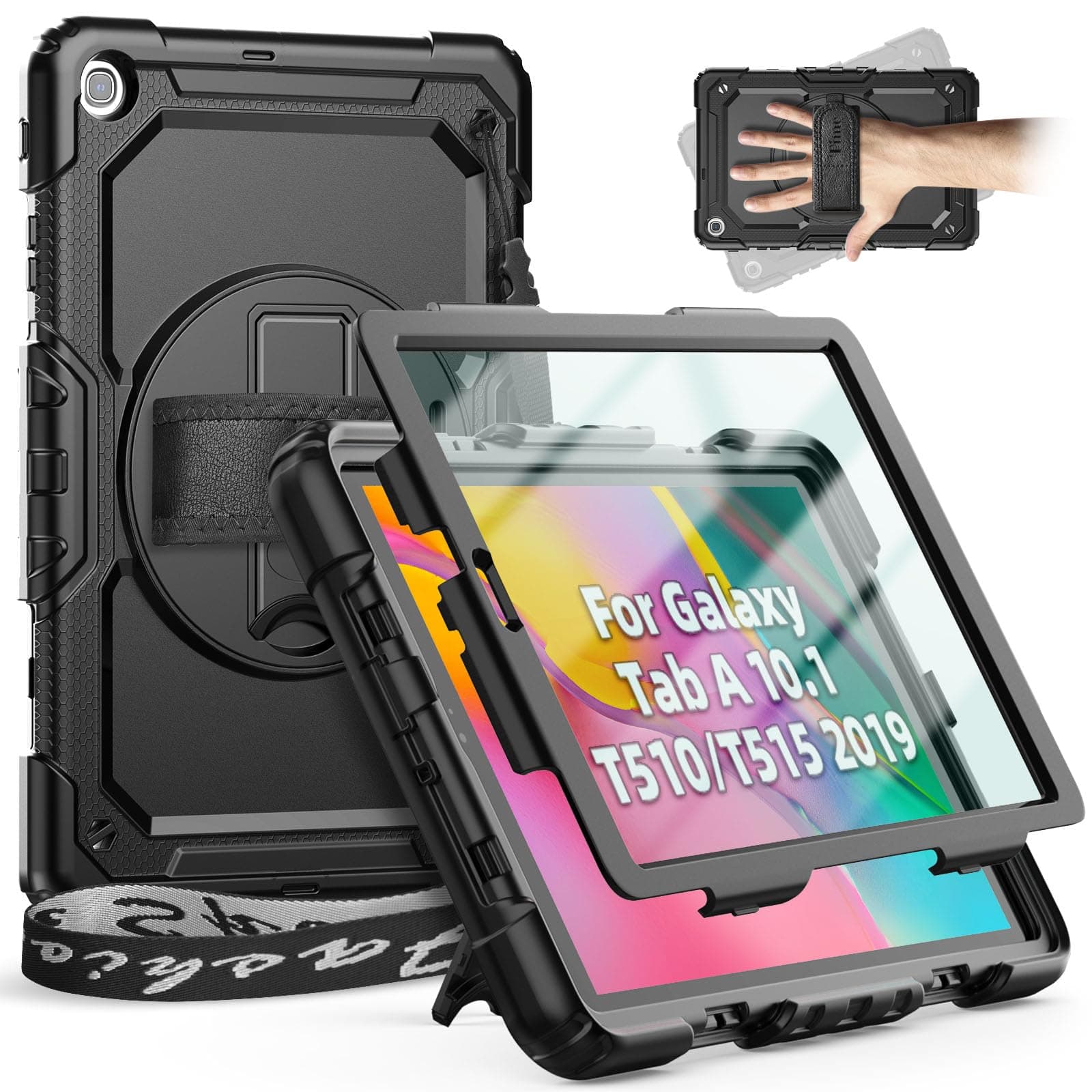 Timecity Case for Samsung Galaxy Tab A 10.1 2019 (SM-T510/ T515), Heavy Duty ShockProof Case with Screen Protector, 360 Rotating Stand, Hand/Shoulder Strap, Pen Holder, Black