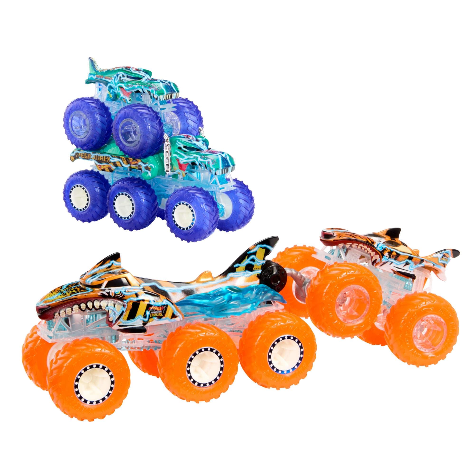 Monster Trucks Multipack, 1:64 Scale Mega-Wrex & Tiger Shark Toy Trucks with Big Rigs in Matching Power Smashers Deco