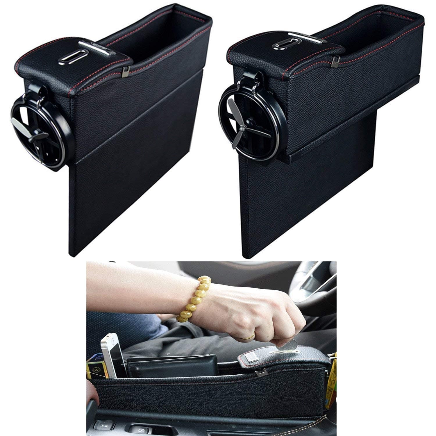 Premium PU Leather Side Pocket Organizer Car Seat Filler Gap Space Storage Box Bottle Cup Holder Coin Collector Car Interior Accessories 2PCS (Black)