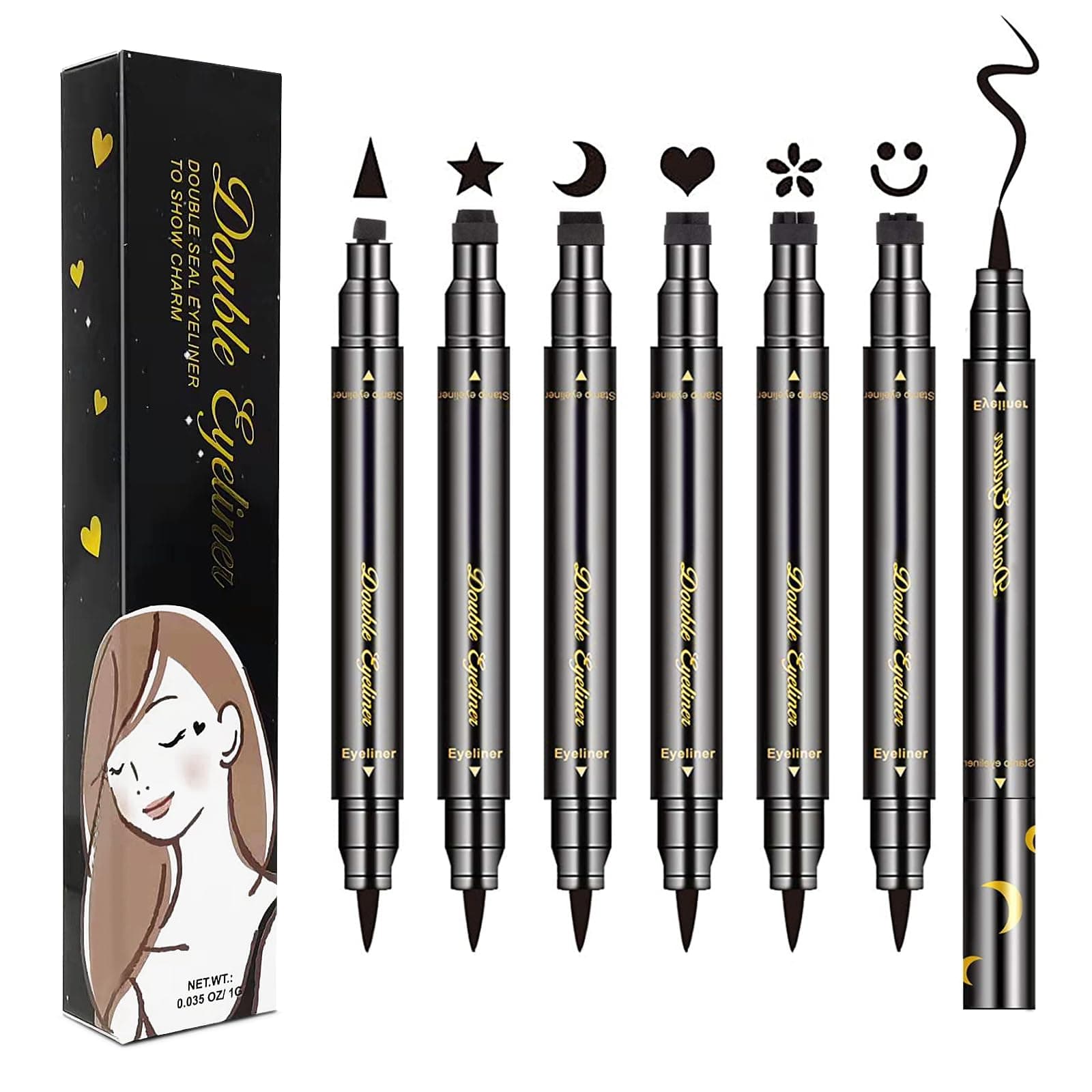 6 Pcs Double-Side Liquid Eyeliner Stamp Pen Set, Eye Liners for Women Waterproof Eyeliner Pencil Black Eye-liner Stencils Long-Lasting Tattoo Makeup-Triangle,Star,Moon,Heart,Flower,Smiley