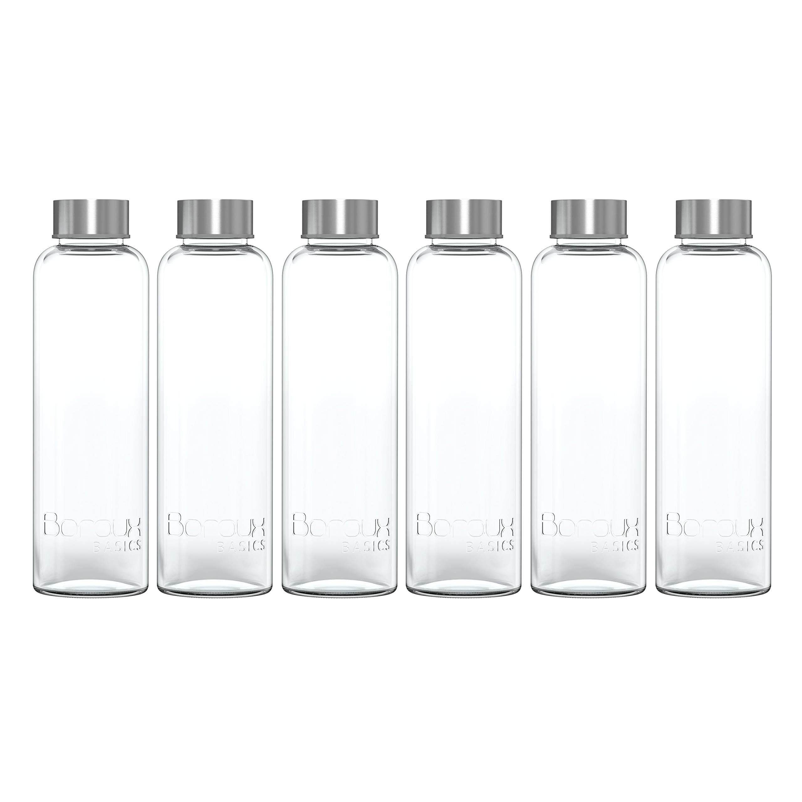 Boroux Basics Reusable Glass Water Bottles BPA/BPS Chemical Free, Premium Soda Lime Glass 18 oz, 6 Pack of Reusable Drinking Bottles, Leak Proof Stainless Steel Cap. Great for Water, Juice, Kombucha