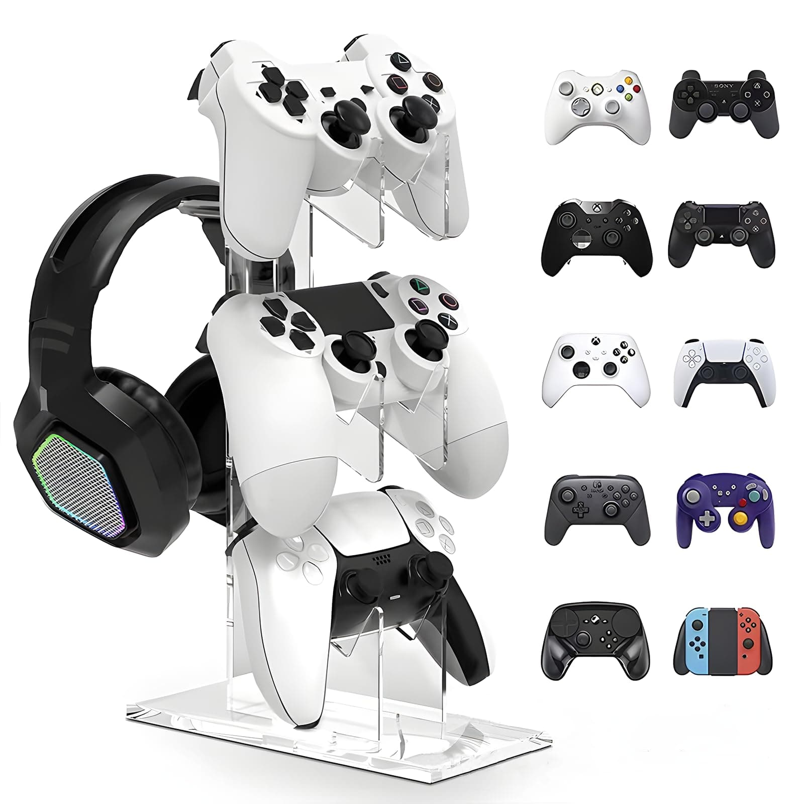Universal 3 Tier Controller Holder and Headset Stand - Perfect Display and Organization for PS4 PS5 Xbox ONE Switch Gaming Accessories (Clear)