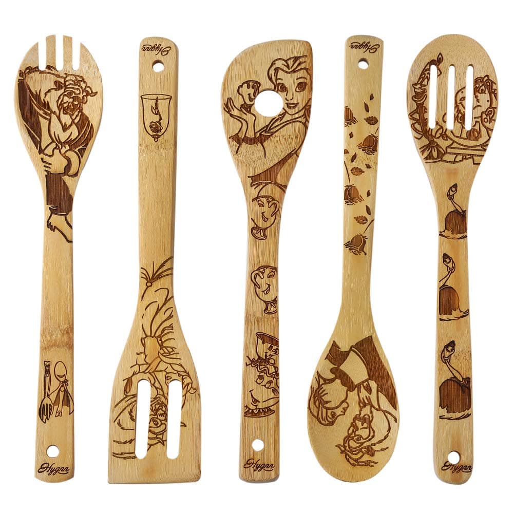 HYGNN Beauty and the Beast Burned Wooden Spoons Cooking &Serving Utensils Set Bamboo Spoon Slotted Kitchen Utensil Fun Gift Idea Warming Present (Set of 5)
