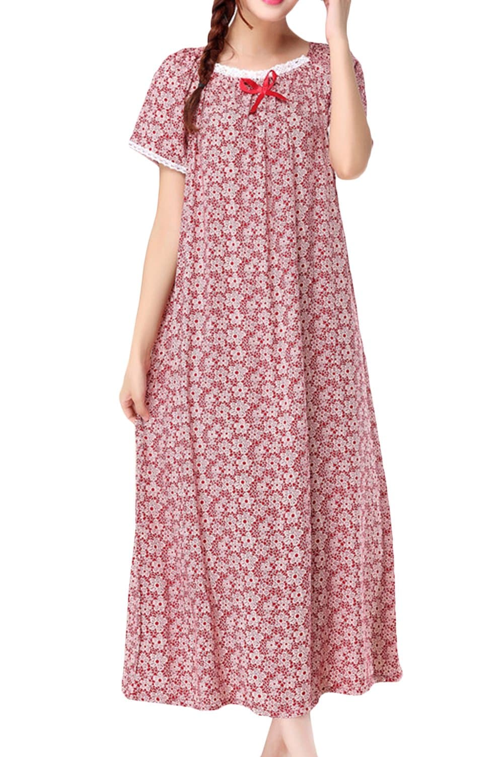 AsherbabyWomens Nightgown,Short Sleeve Loose Sleepwear Long Pajama Dress Cotton Robes Gown