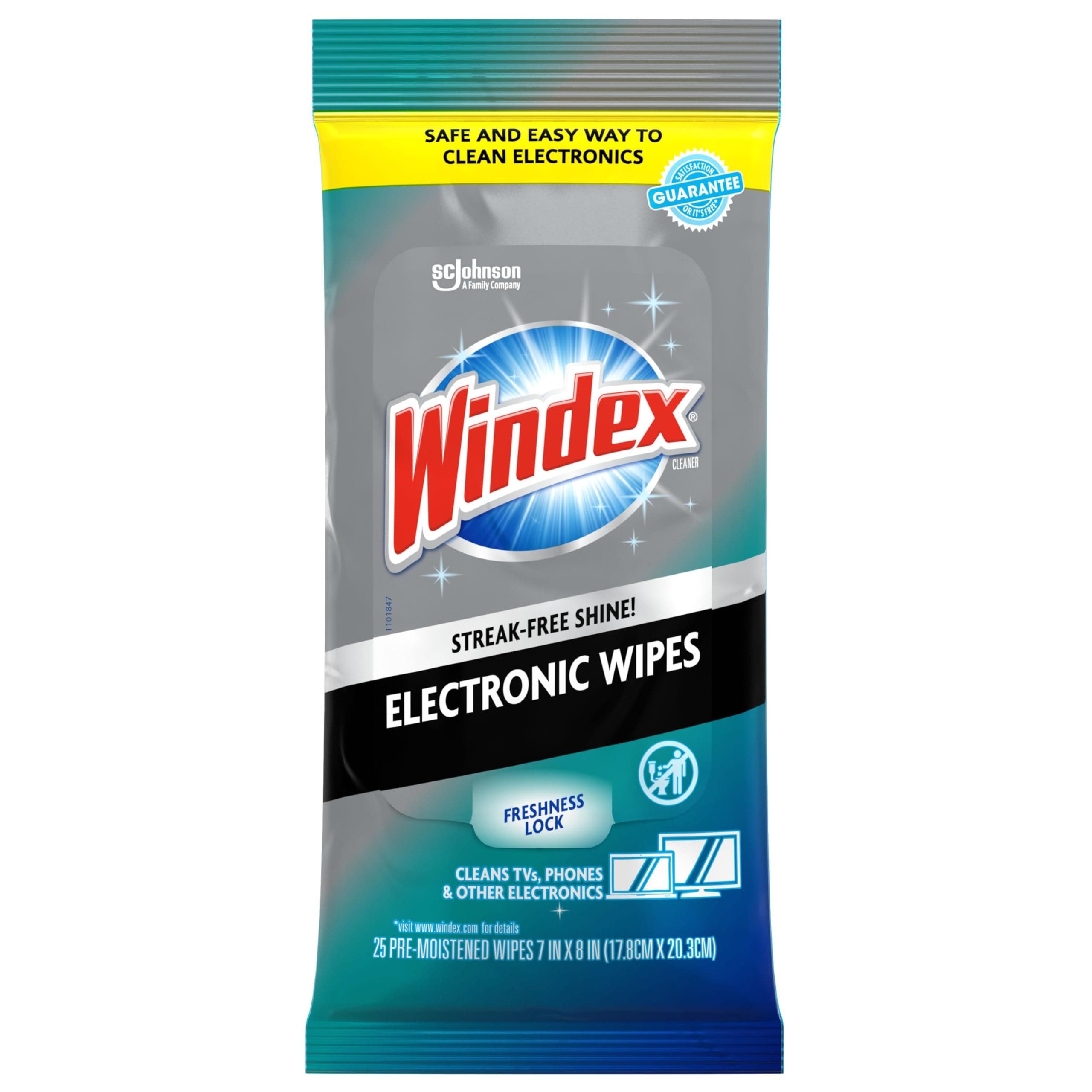 Windex Electronic Cleaning Wipes, Pre-moistened Screen Wipes for TV, Cell Phones and Other Electronics, Resealable for Freshness Lock, 25 Count