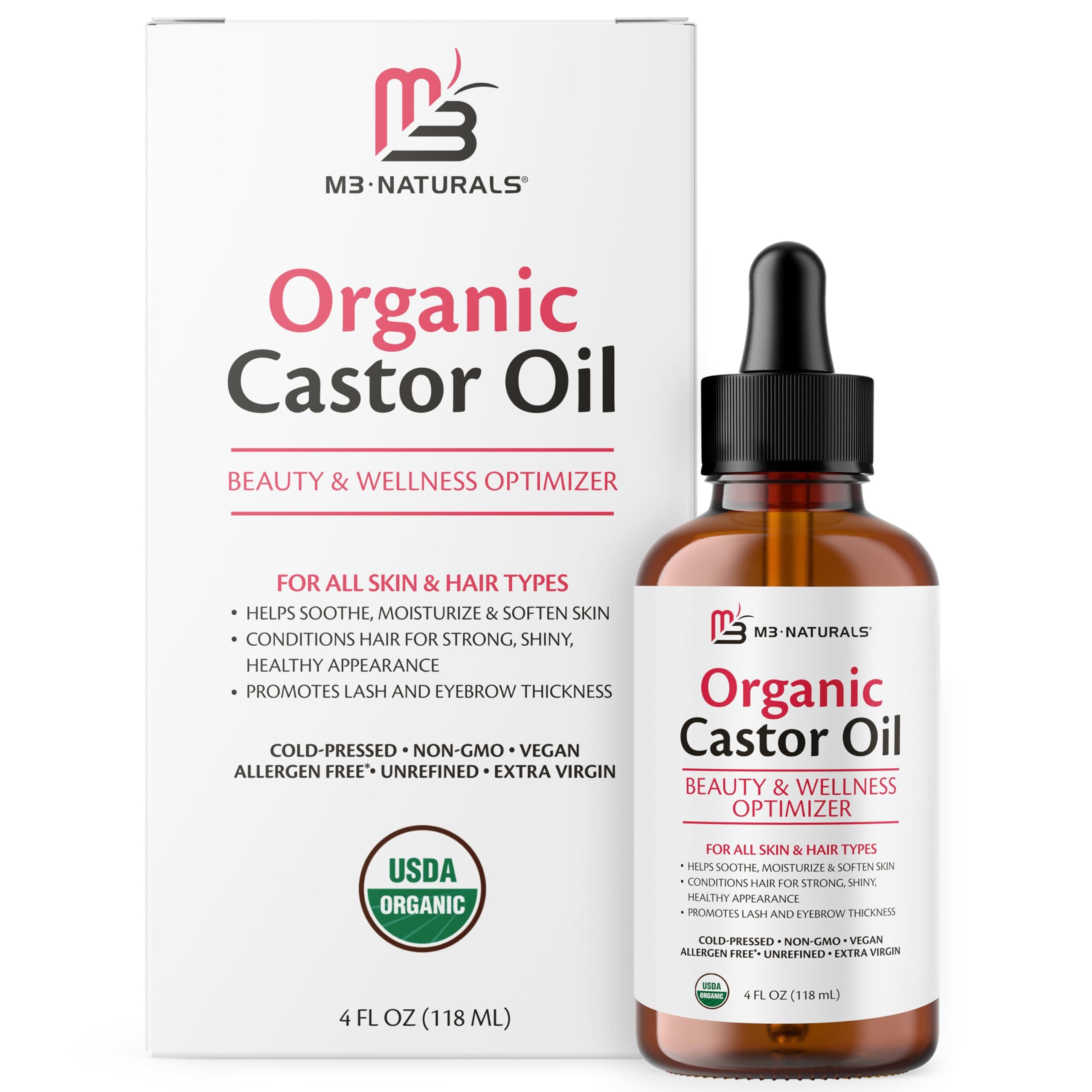 100% Pure Organic Castor Oil for Hair, Lash and Eyebrow Growth, Lymphatic Drainage and Skin Hydration | Hexane-Free, Cold Pressed, Unrefined in a 4 fl oz Glass Bottle with Dropper by M3