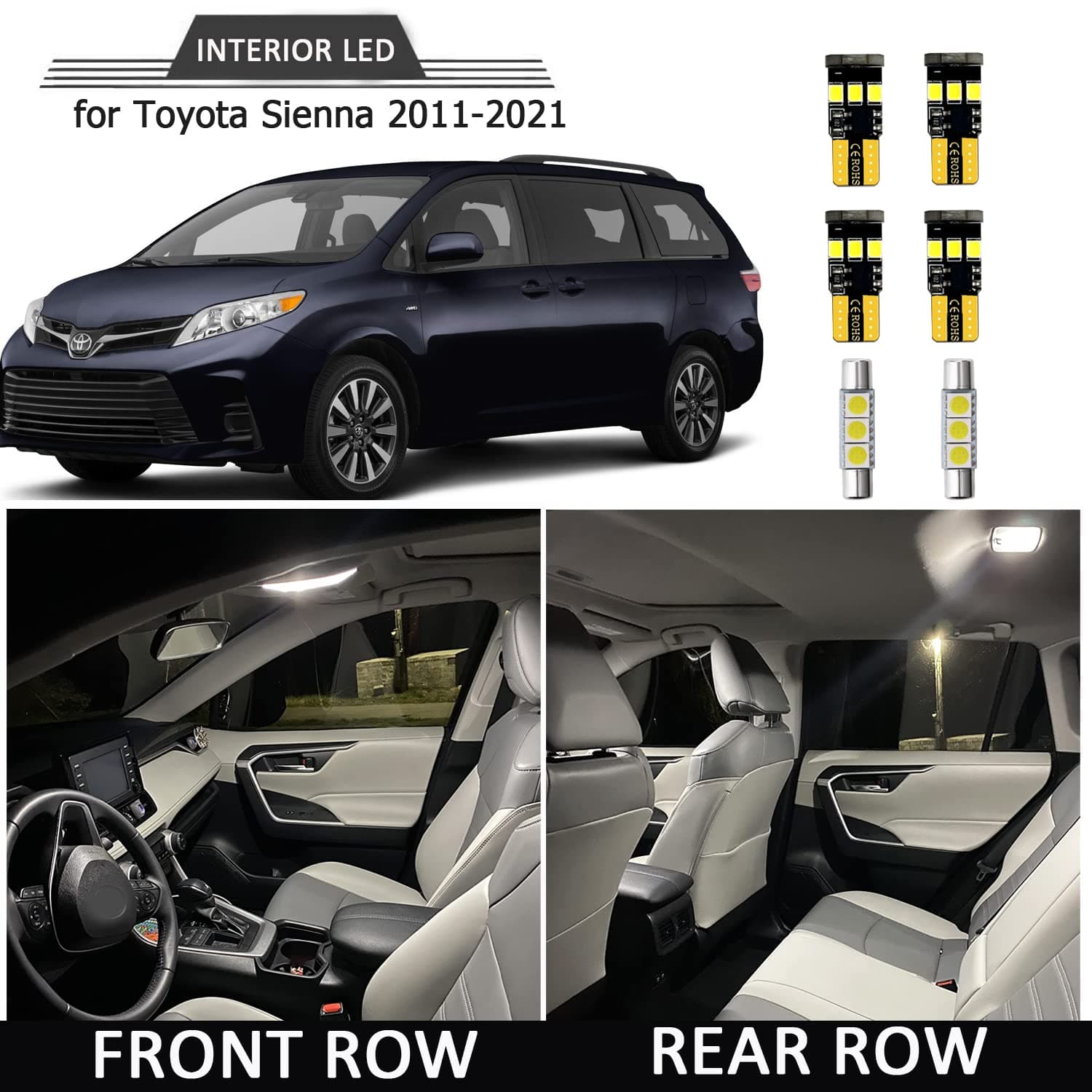 15pcs Sienna Interior LED Lights Replacement for 2011 2012 2013 2014 2015 2016 2017 2018 2019 2020 2021 Toyota Sienna 6000K Super Bright White interior LED bulbs package + Installation Tool