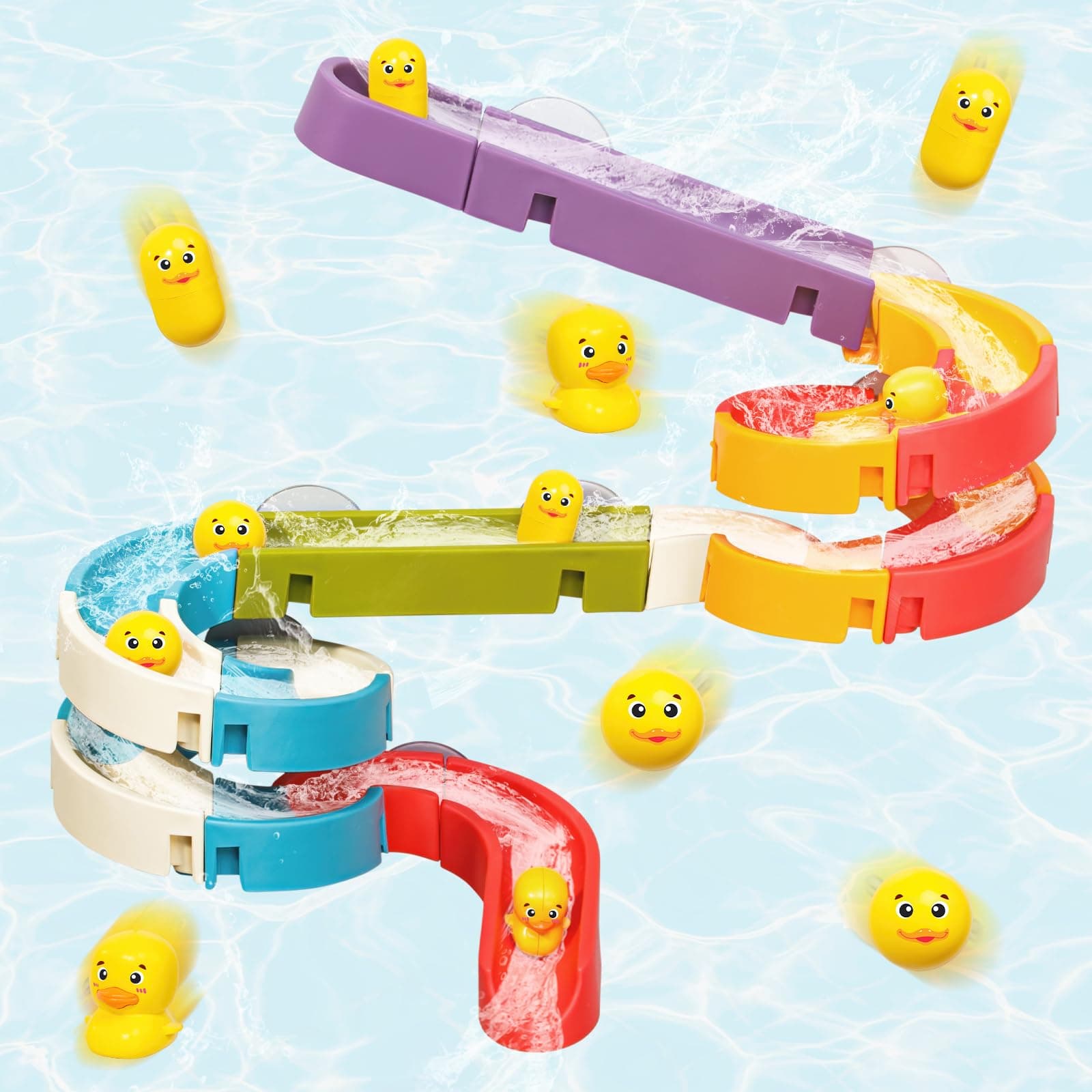 Kidology Small Duck Slide Track Bath Toys, Bathtub Fun Construction Toy Game for Kids, Slide with Tiny Yellow Ducks (20 Pcs Set)