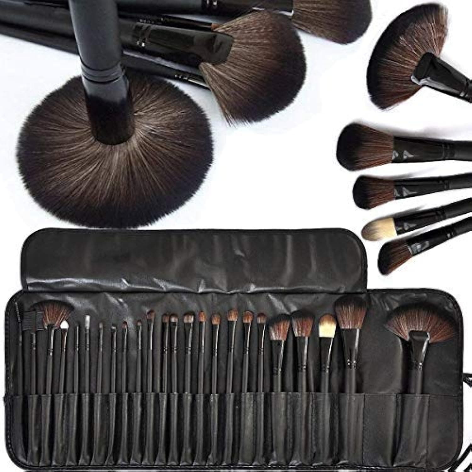 Fiber Bristle Makeup Brush Set with Black Leather Case- BLACK, 24 Pieces