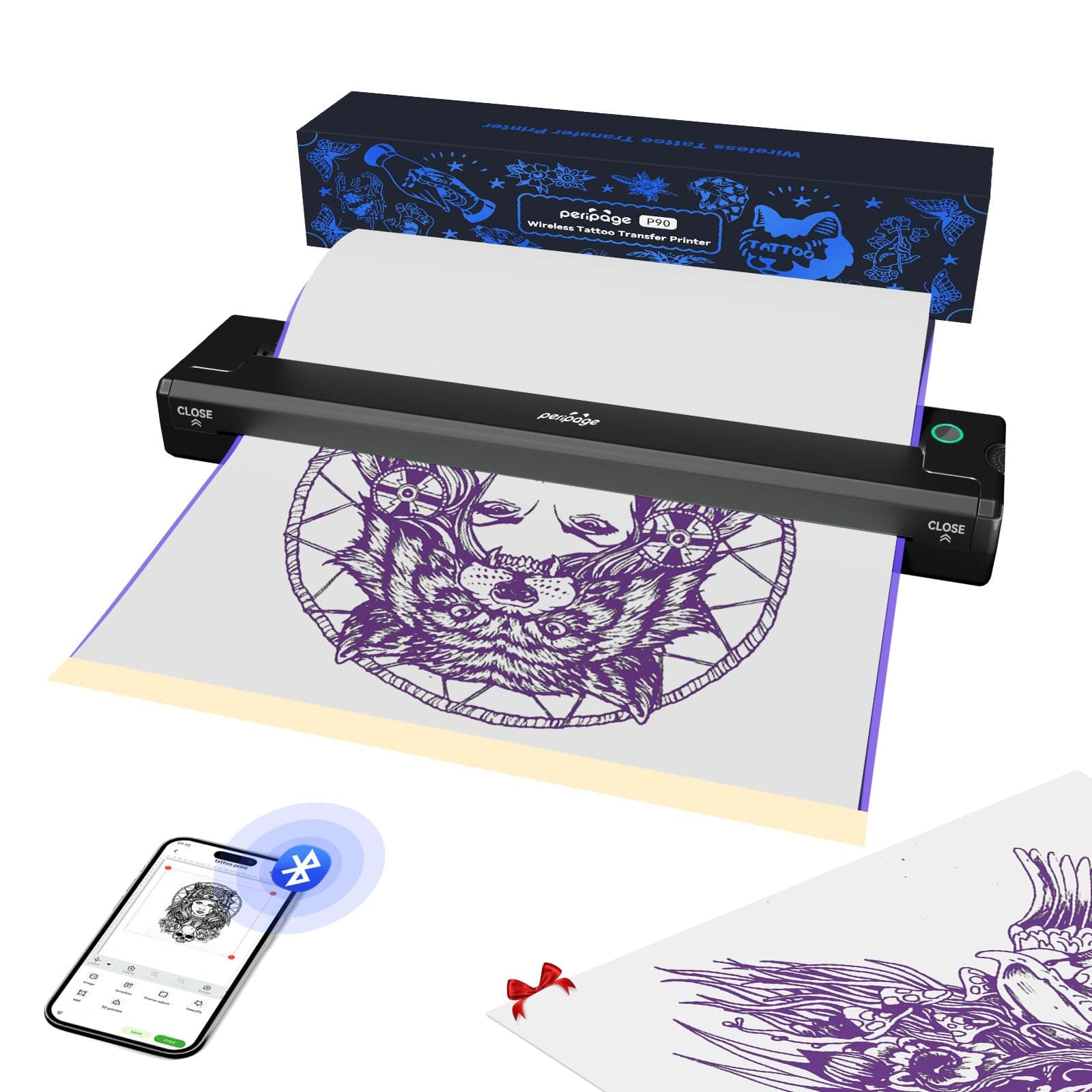 PeriPage P90 Wireless Tattoo Stencil Printer - Portable Thermal Printer with Bluetooth & USB for Smartphone/PC, 5 Free Stencil Papers & USB-C Cable Included, Professional & Beginner Friendly