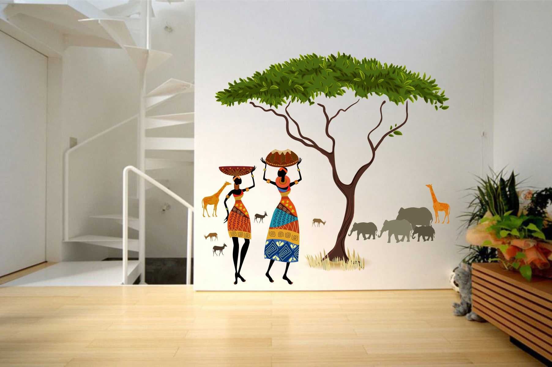 Rawpockets Decal ' African Jungle Artistic Tribal Ladies with Animal Nature Story ' (Material - PVC Vinyl Matte Finish, Wall Coverage Area - Height 90cm X Width 100cm) (Pack of 1) Wall Sticker