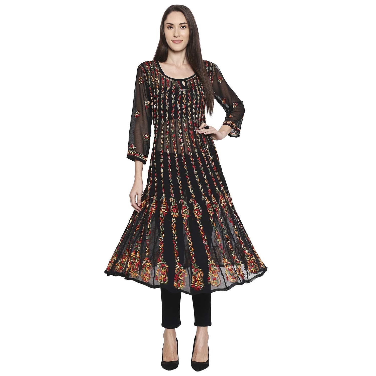 Indiankala4ULucknow Chikankari Hand embroidered long Anarkali 32 Kali kurti For Women, Georgette