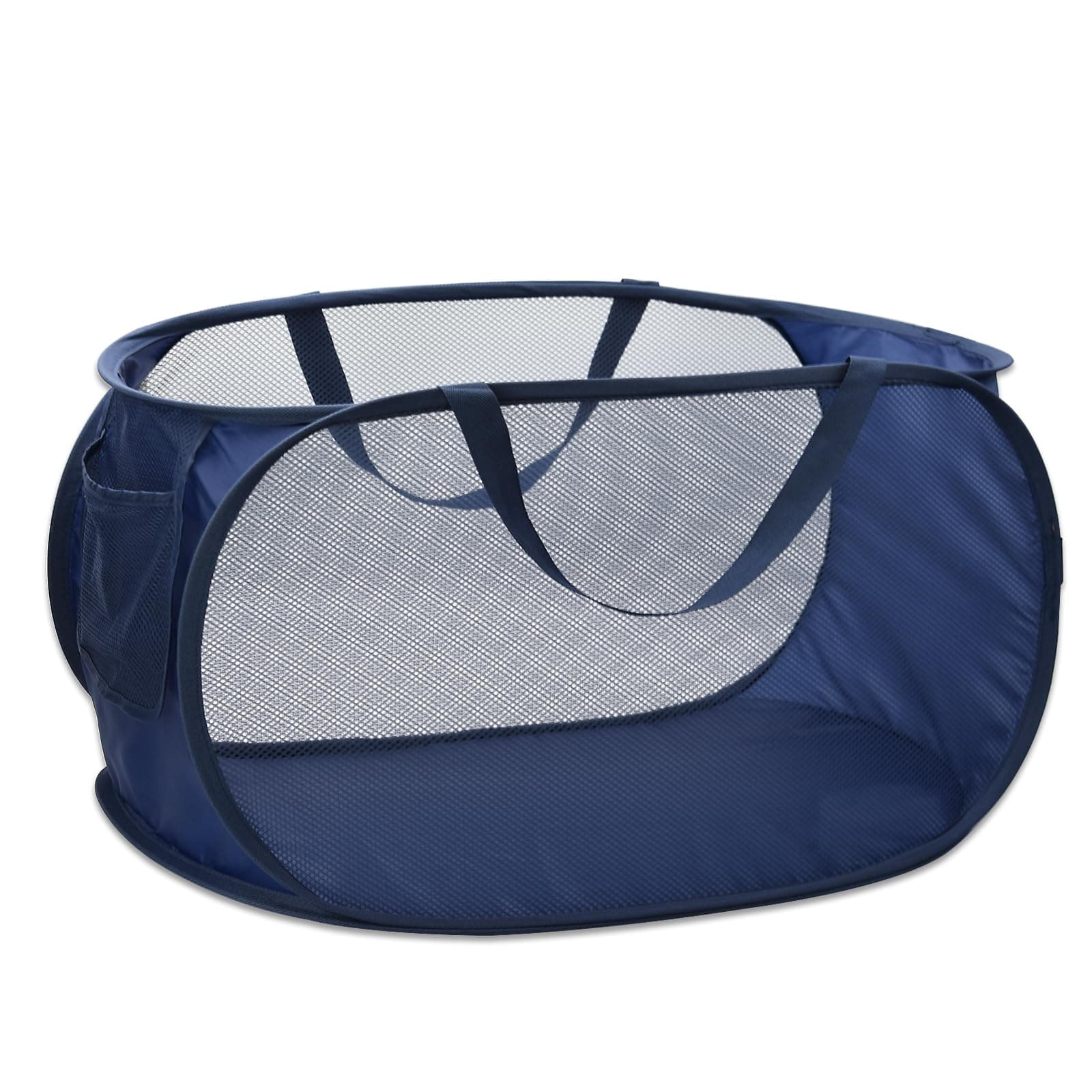Pop Up Laundry Hamper,Collapsible Horizontal Baskets with Handles & Side Pocket,Foldable Sturdy mesh for Laundry Room,Bathroom,Kids Room,College Dorm or Travel (Navy)
