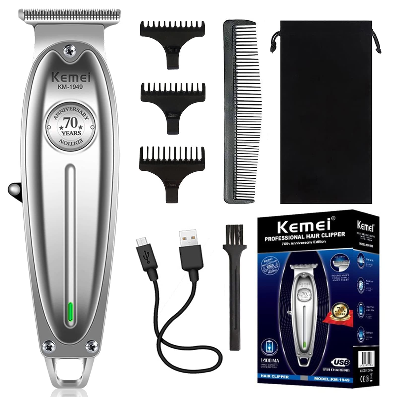 KEMEI 1949 Trimmer Professional Hair Clippers for Men Zero Gap Electric Cordless Beard/Hair Trimmer Rechargeable T-Blade Haircut Machine for Stylists and Barbers Grooming Kit, Silver
