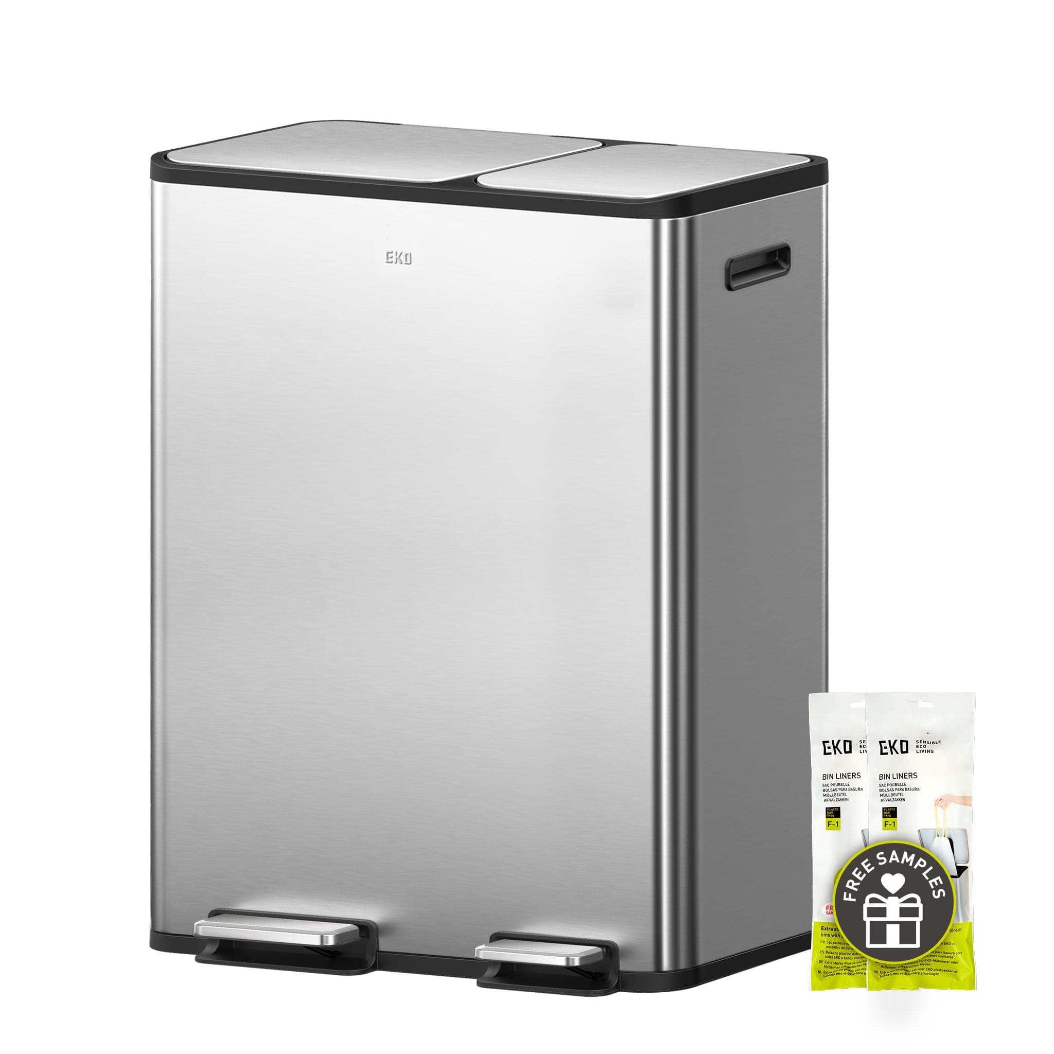 EKO EcoCasa ステンレススチール デュアルステップゴミ箱 リサイクル用 30L+20L 長方形キッチンゴミ箱 独立したペダルと蓋 ソフトクローズ 指紋防止