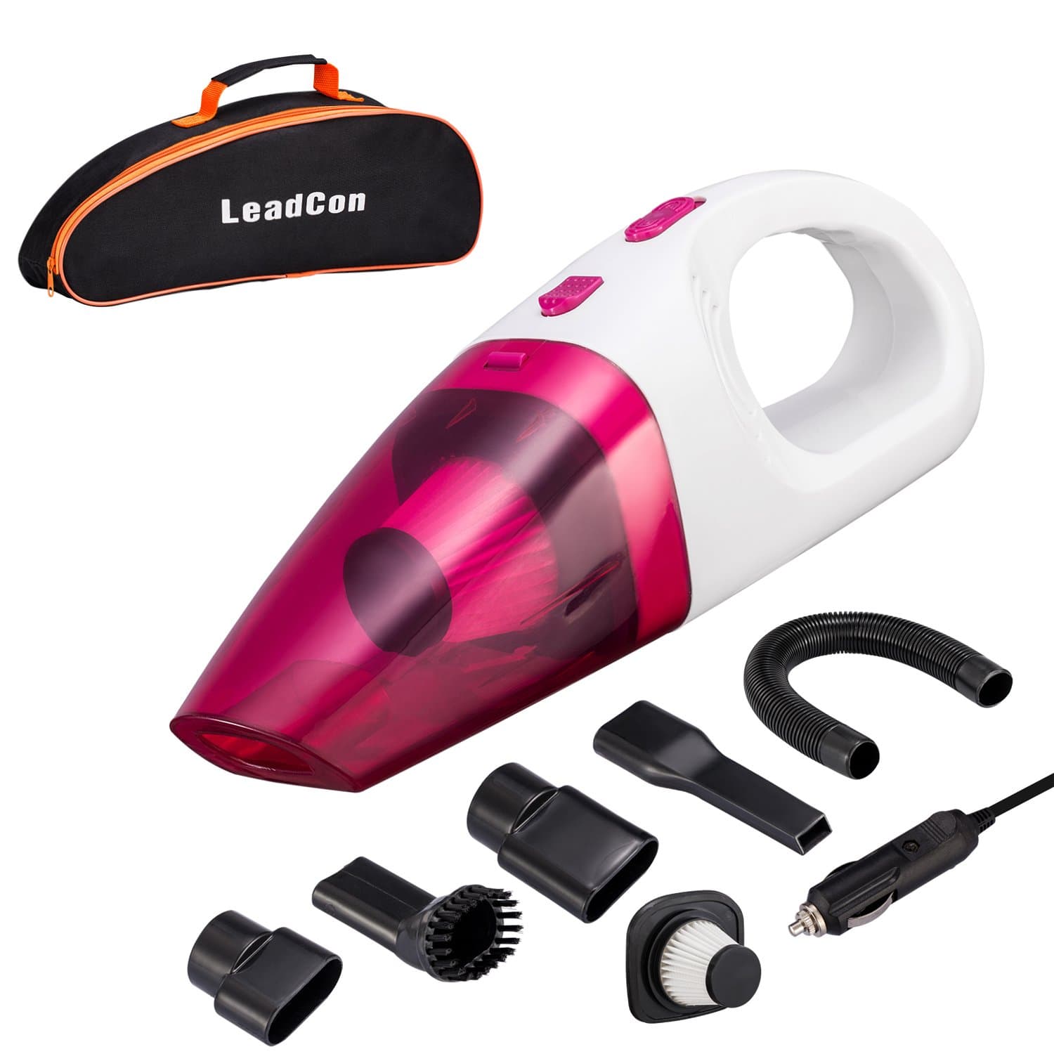 LeadCon High DC 12v Portable Handheld Car Wet Dry 4.5Kpa Suction Auto Vacuum Cleaner Tools with Cigarette Lighter Plug 16.4ft Power Cord, Pink