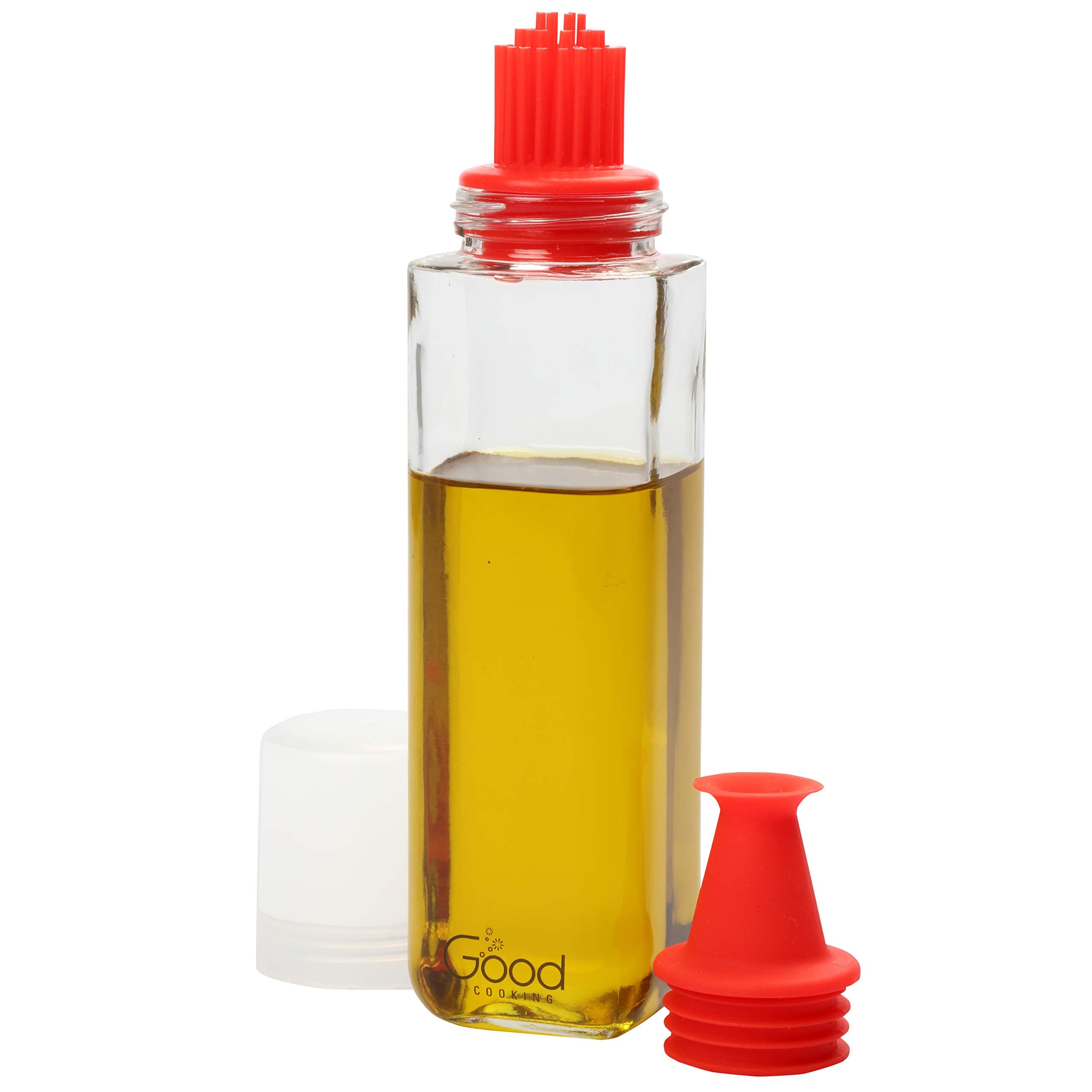 Olive Oil Dispenser Bottle - 10 Oz Glass Cruet with Removable, Interchangeable No-Drip Spout and Silicone Basting Brush -Use for Cooking Food, Serving Meals, Breads - Kitchen Utensil