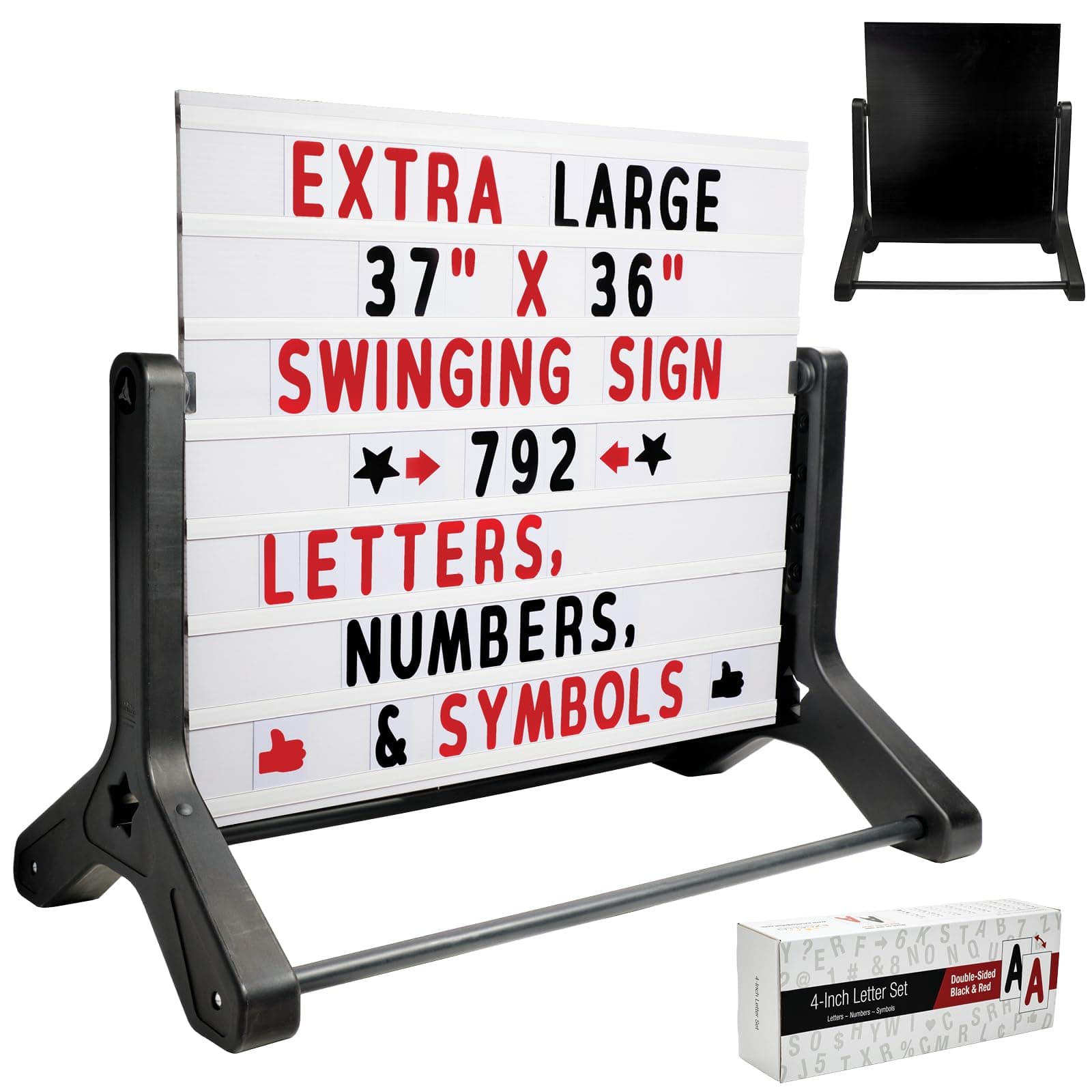 Excello Global Products Swinging Changable Message Sidewalk Sign: 37" x 36" Sign with 792 Pre-Cut Double Sided Letters and Storage Box. Includes Black Sign Board & 4 Liquid Chalkboard & Letter Board