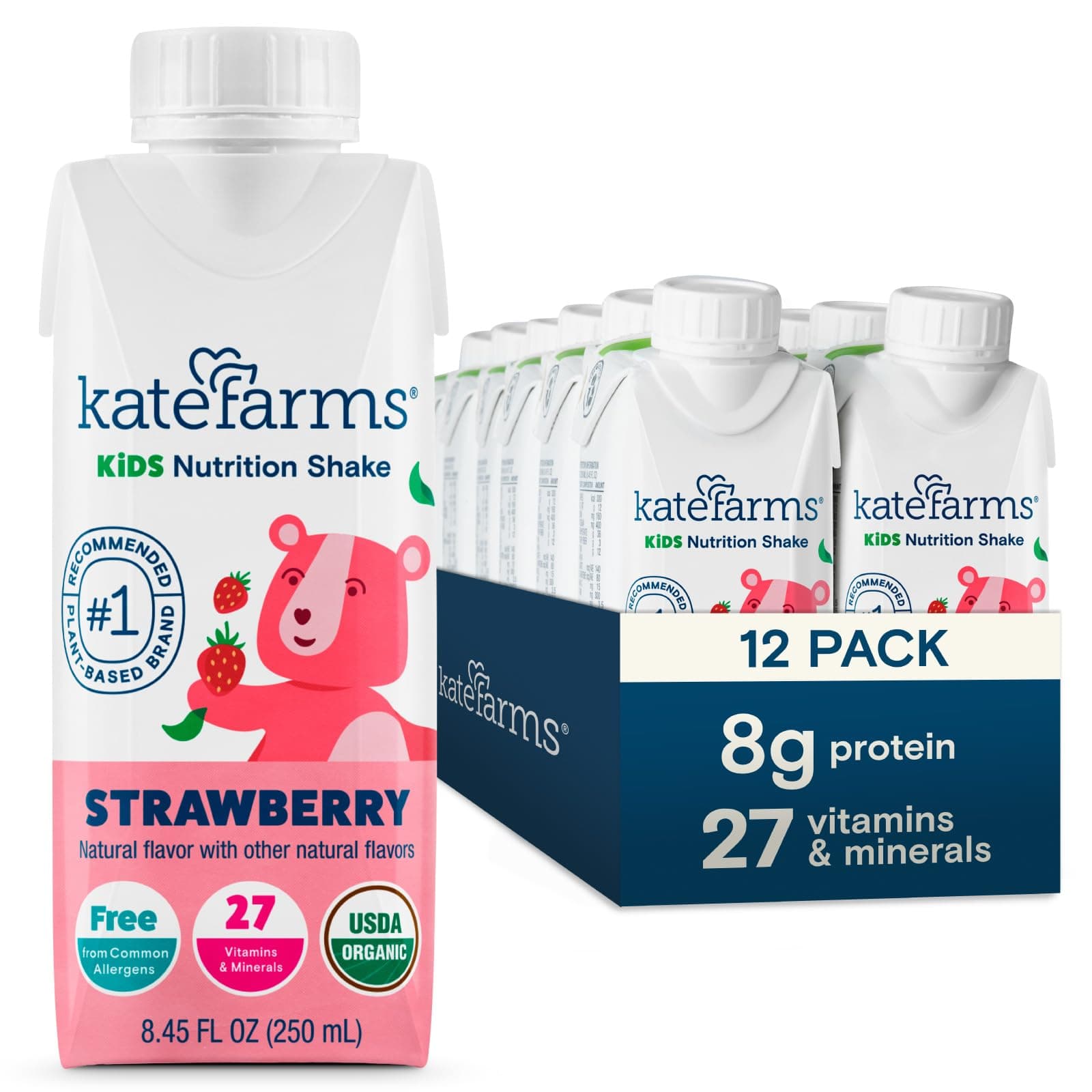 KATE FARMS Organic Kids Nutrition Shake,Strawberry, 8g of protein, 27 Vitamins and Minerals, Meal Replacement Drink, Protein Shake, Gluten Free, Non-GMO, 8.45 Fl oz (Pack of 12)