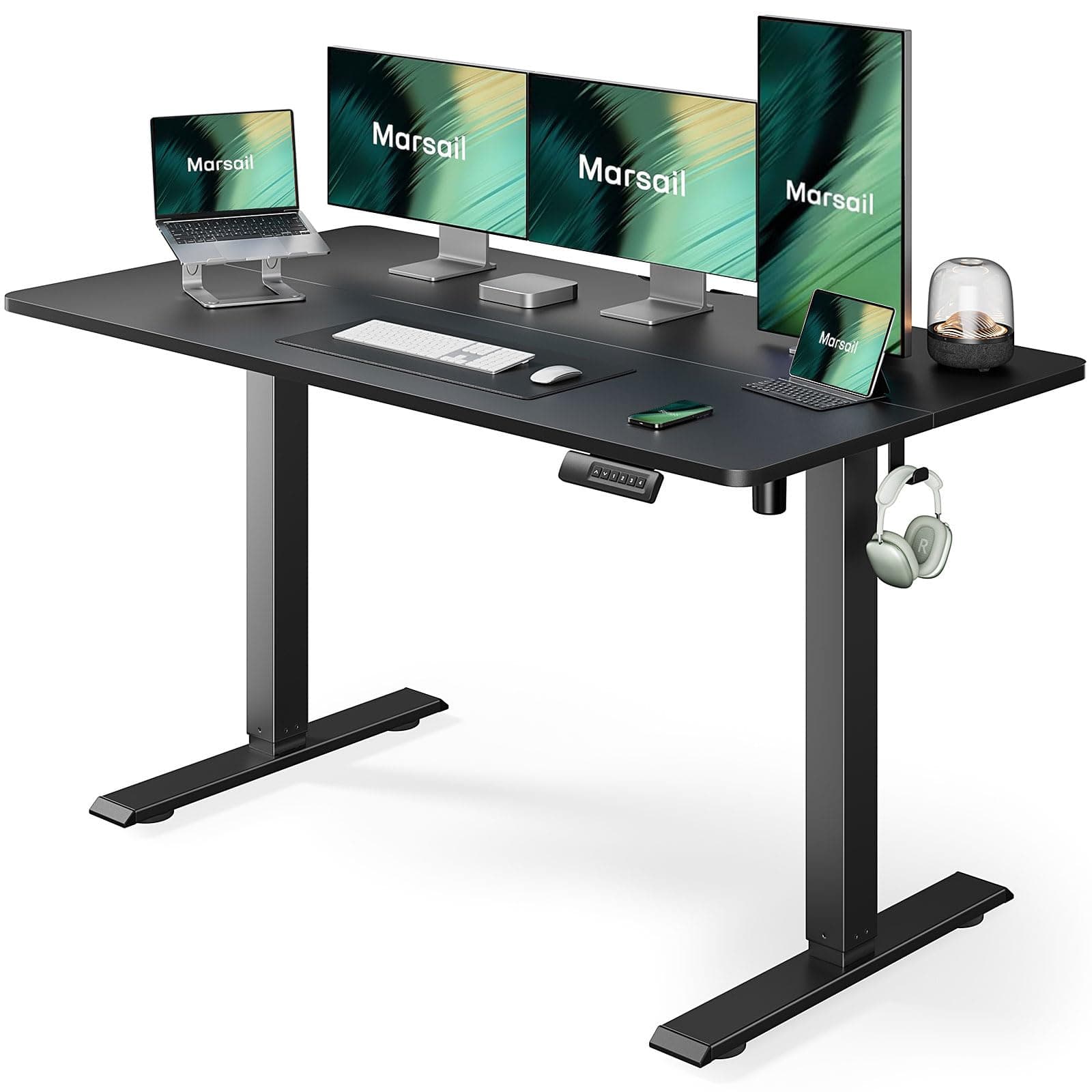 Marsail Electric Standing Desk, 55x24 Inch Adjustable Height Sit Stand up Desk for Home Office Furniture Computer Desk with 3 Memory Presets, Headphone Hook