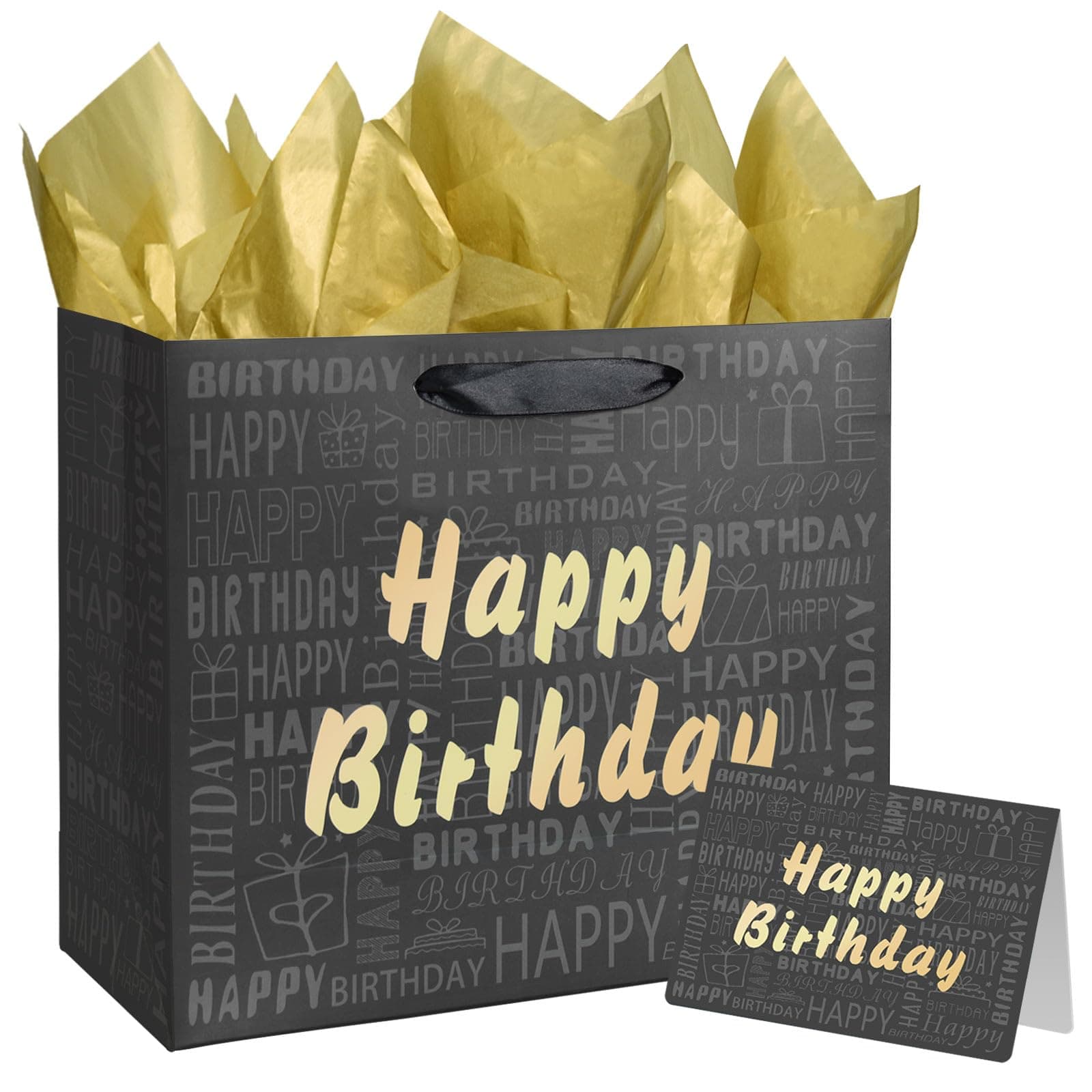 Laidans 13" Large Black and Gold Happy Birthday Gift Bag with Tissue Paper and Card for Men Women Birthday