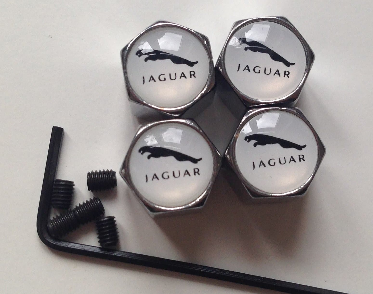 JAGUAR CHROME ANTI THEFT ALLOY WHEELS TYRE VALVE CAPS DUCT COVER, WHITE LOGO