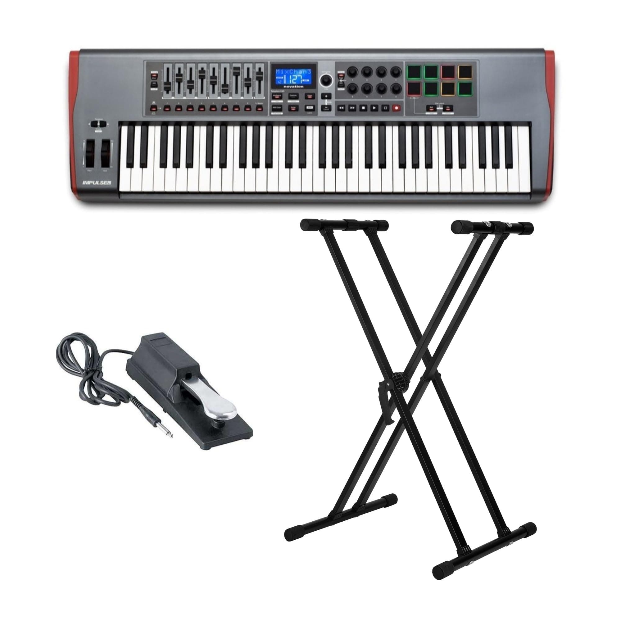 Novation AMS-IMPULSE-61 Impulse 61 Keyboard Bundle with Sustain Pedal and Adjustable Keyboard Stand (3 Items)