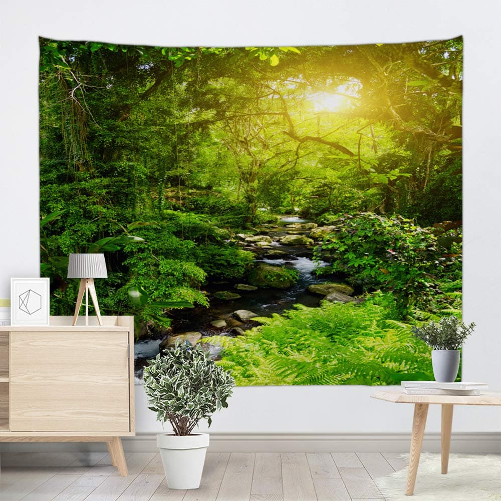 UHUSE Rainforest Mountain Stream Tapestry-Mountain Stream in A Tropical Rain Forest Foliage Countryside Wilderness Scene Decorations Wall Hanging for Bedroom Living Room(51X59Inches)