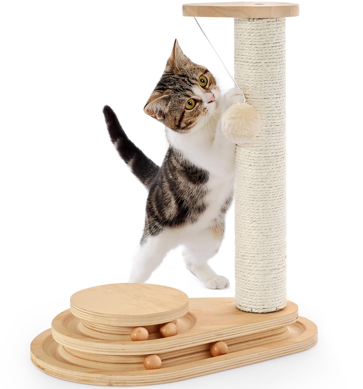 - Made4Pets Cat Scratching Post Cat Scratcher Kitten Toys for Indoor Cats Wooden Ball Track Two-Layer Modern Sisal 17.7" Tall Scratch Post Interactive Toy with Dangling Ball