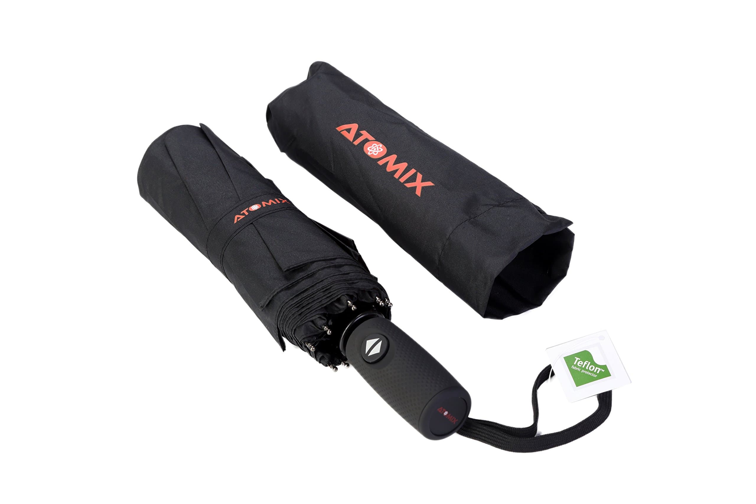 ATOMIX Compact Windproof Travel Umbrella - Dupont Teflon Fast Drying Technology - Reinforced Folding Frame with 9 Unbreakable Fiberglass Ribs - Auto Open/Close - Slip-Proof Handle for Easy Carry/Usage