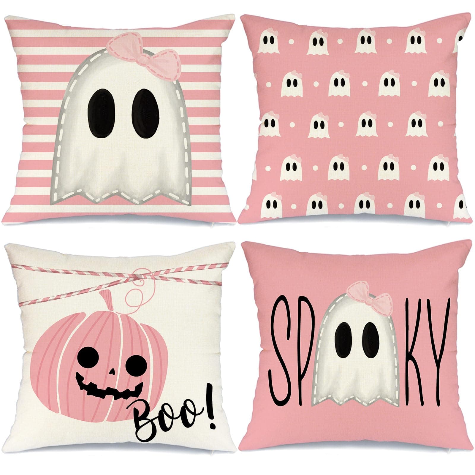 AACORS Halloween Pillow Covers 18 x 18 Inch Set of 4, Striped Polka Dots Spooky Ghost Jack O'Lantern Pumpkin Boo Decor Holiday Cushion Cases Party Decoration for Home Sofa (Pink)