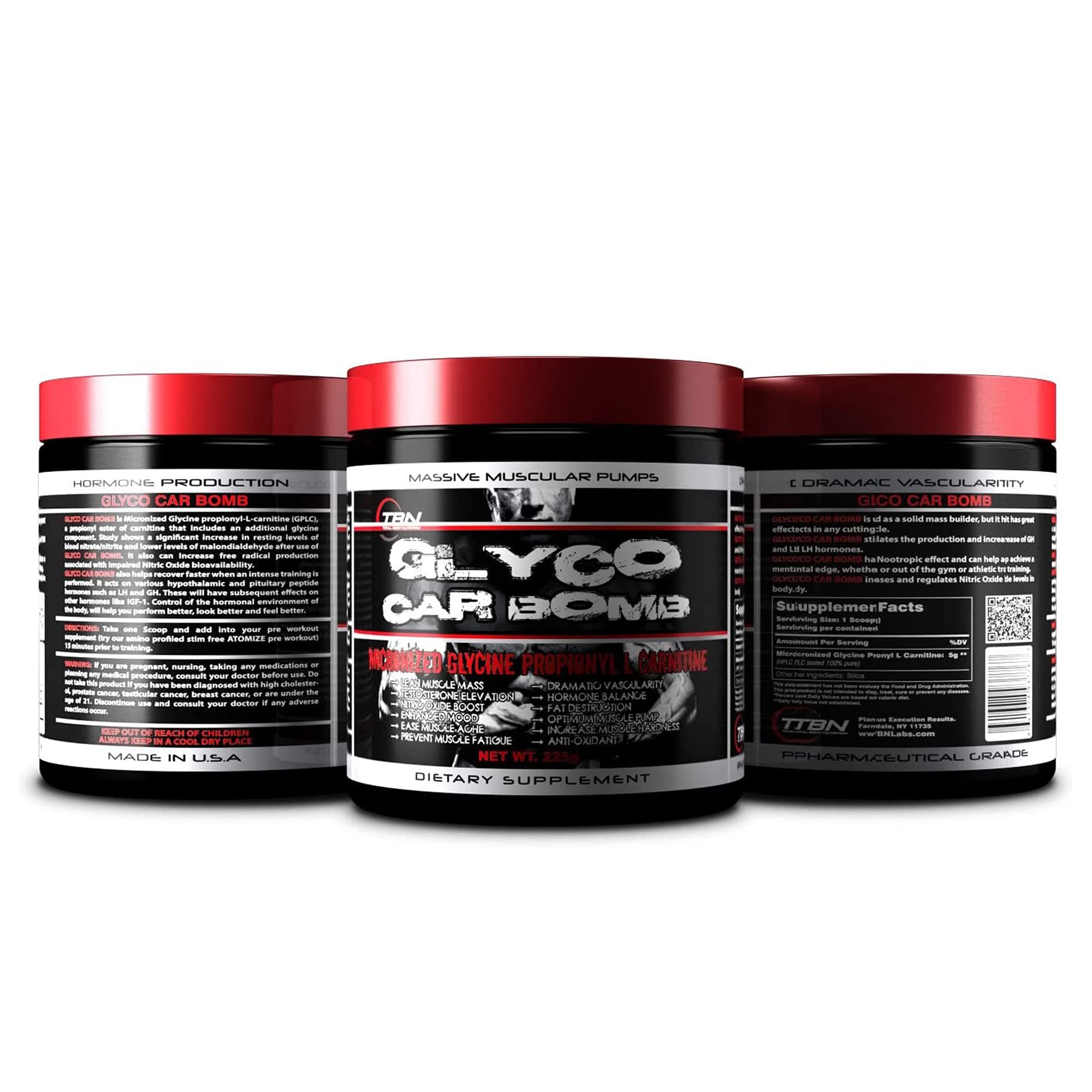 TBN Labs Glyco Car Bomb is Micronized Glycine propionyl-L-carnitine (GPLC), a propionyl ester of carnitine that includes an additional glycine component. Study shows a significant increase in resting levels of blood nitrate/nitrite and lower levels of malondialdehyde after use of Glyco Car BOMB. It also can Increase free radical production associated with impaired Nitric Oxide bioavailability
