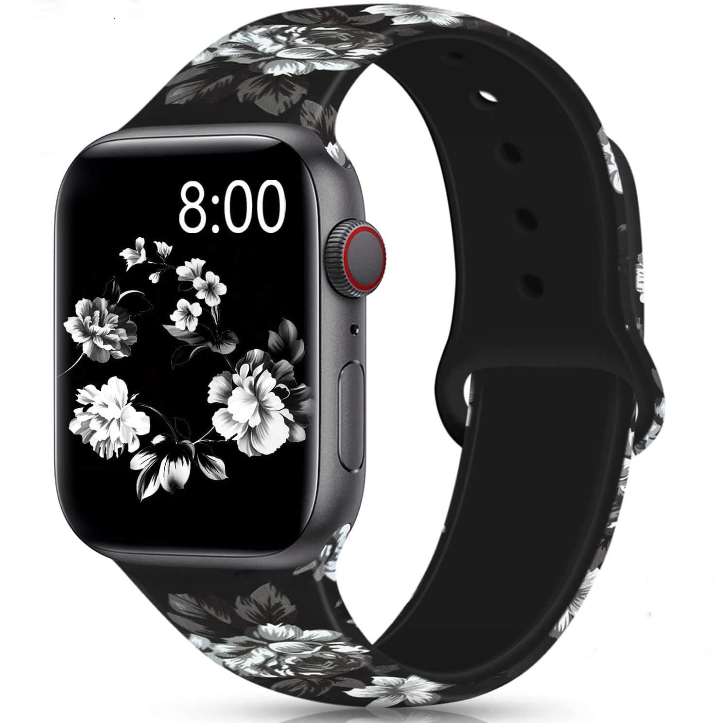 Merlion Compatible with Apple Watch Band 38mm 42mm 40mm 44mm for Women/Men,Silicone Fadeless Pattern Printed Replacement Floral Bands for iWatch Series 6/5/4/3/2/1 Gray FlowerC